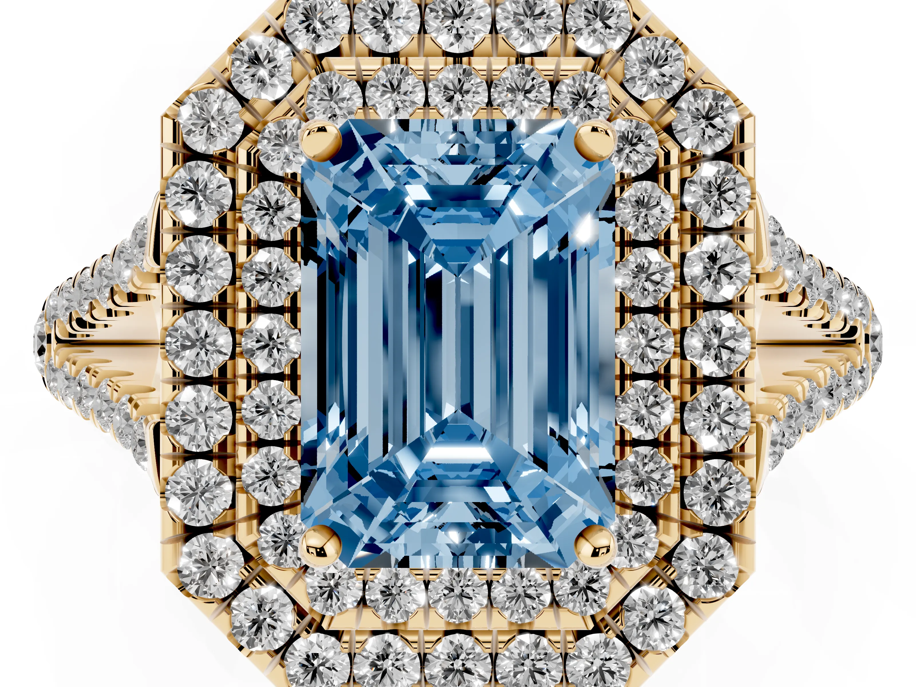 Fancy Blue Emerald Cut Diamond Double Halo Ring Set in Yellow gold with Pavé Band