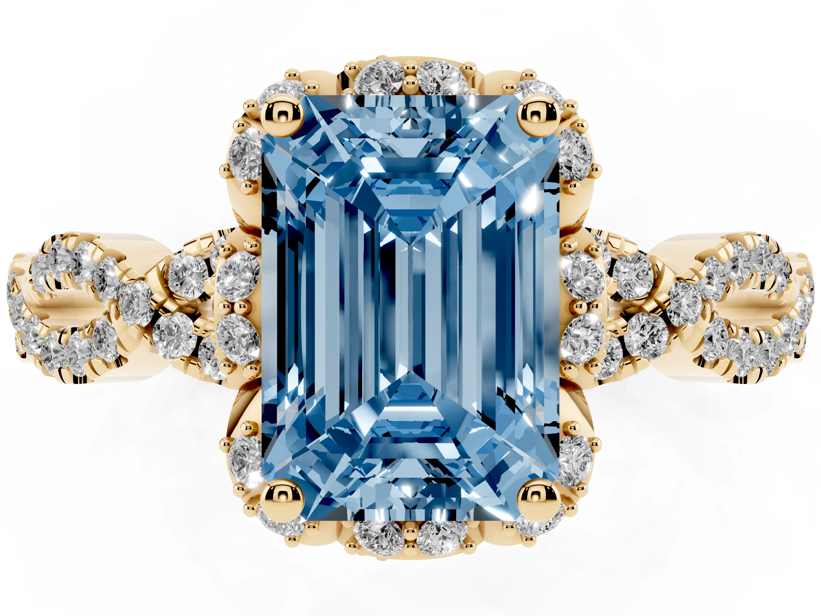 Fancy Blue Emerald Cut Diamond Halo Twist Band Solitaire Ring Set in Yellow gold with Prong-Set Center Stone