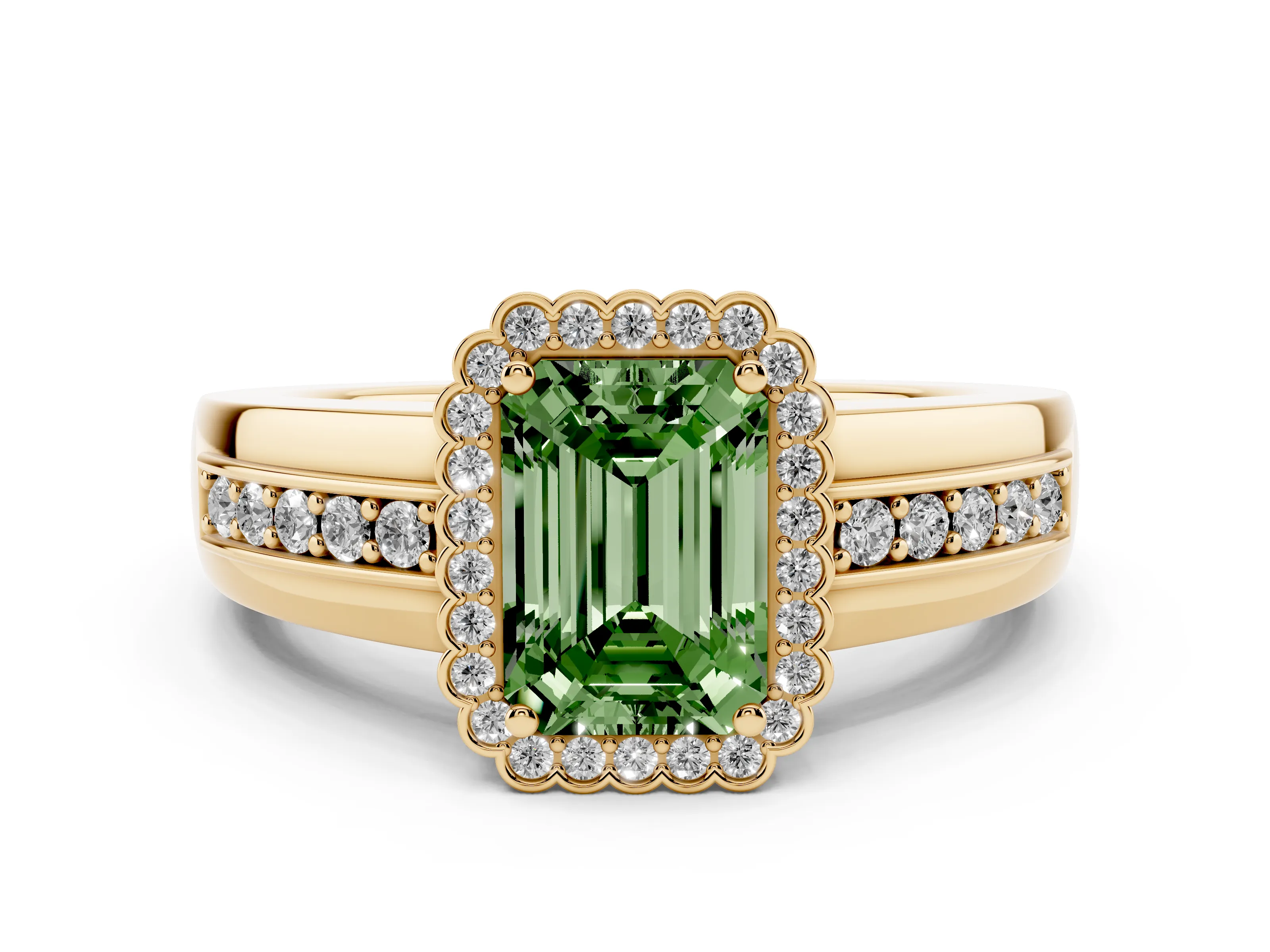 Fancy Green Emerald Cut Diamond Halo Prong Ring Set in Yellow gold with Pavé Band