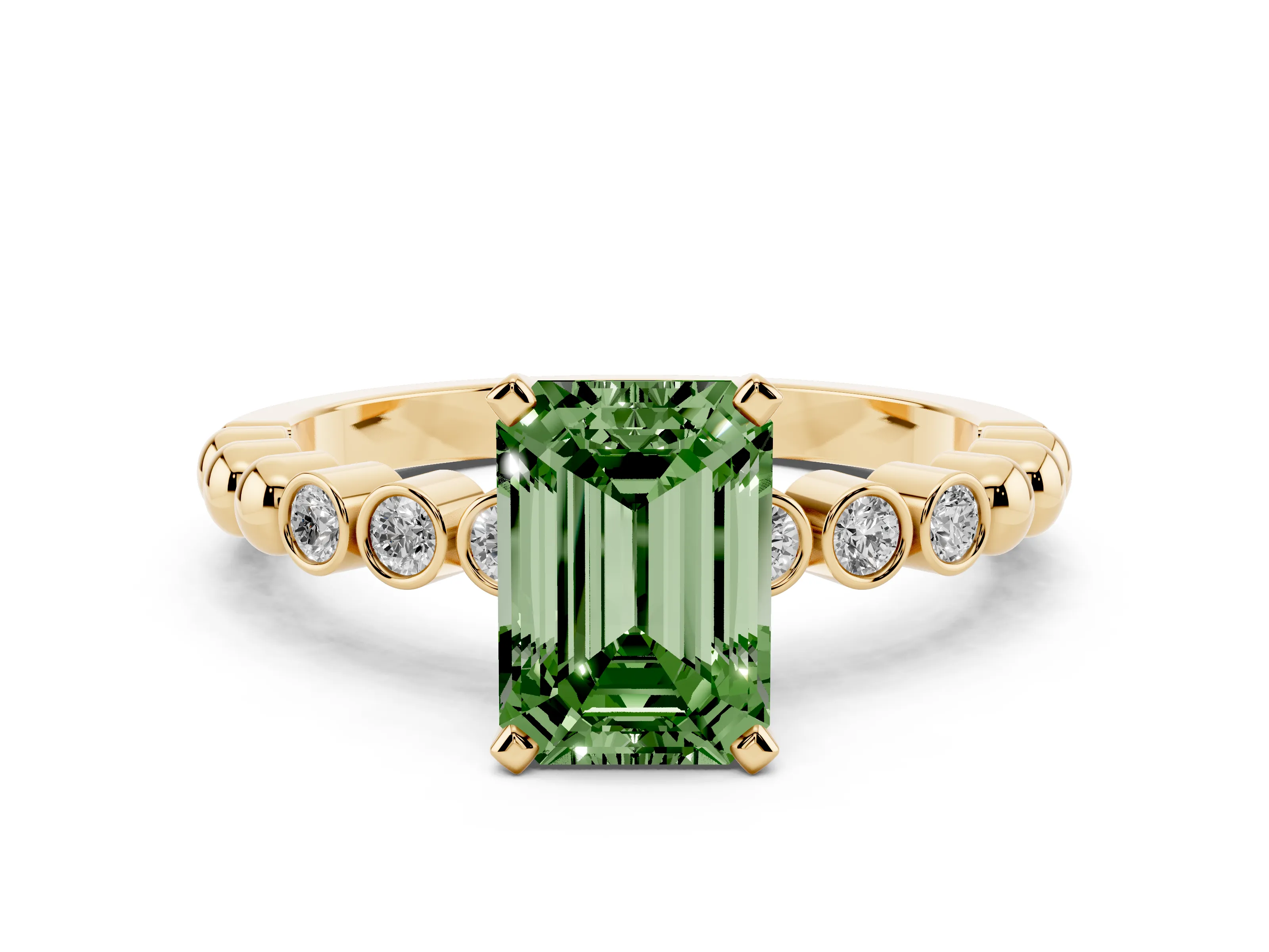 Fancy Green Emerald Cut Diamond Solitaire Engagement Ring Set in Yellow gold with Bezel Accents on Beaded Band