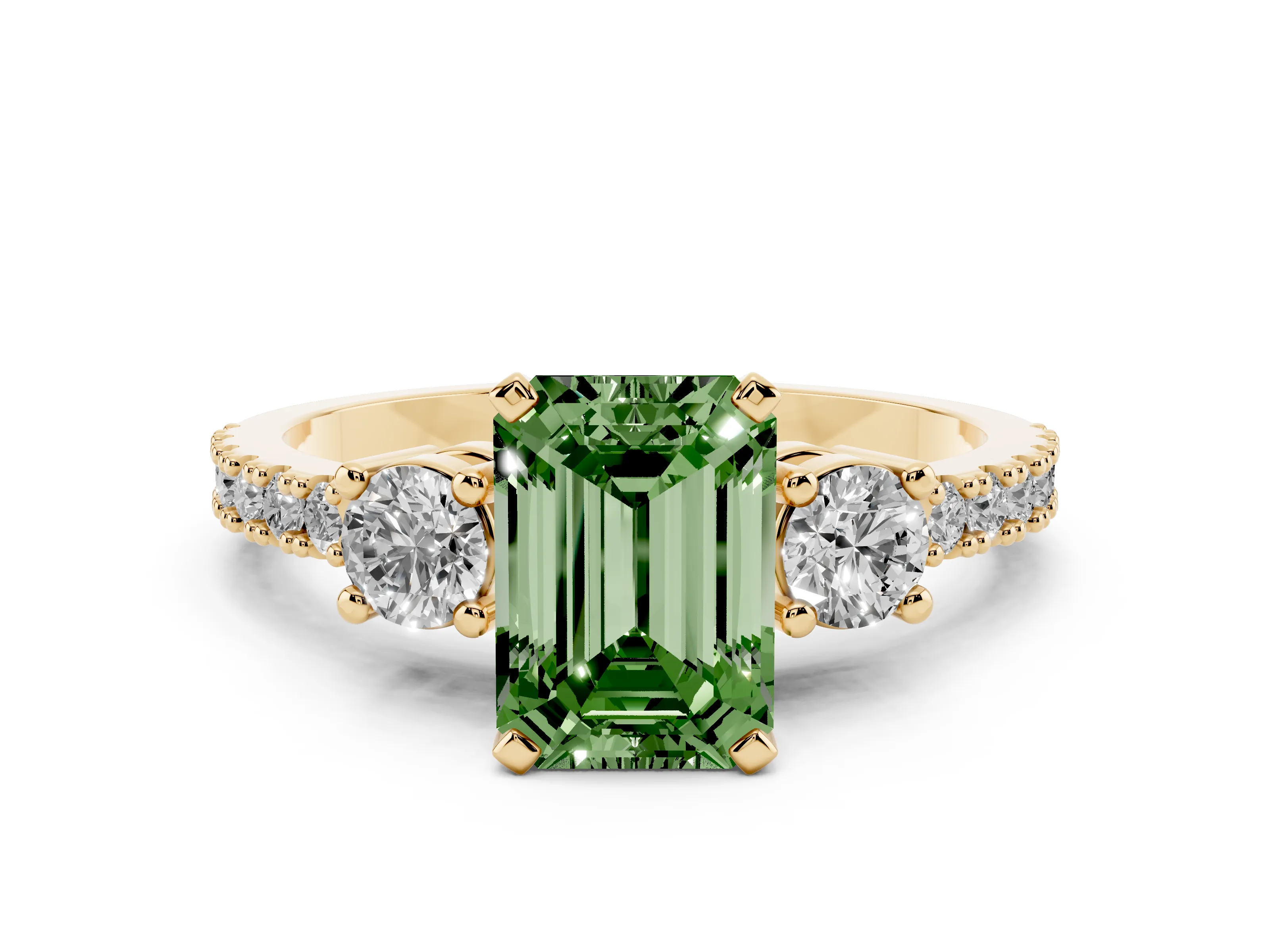 Fancy Green Three-Stone Emerald Cut Diamond Pavé Band Ring Set in Yellow gold with Prong Setting