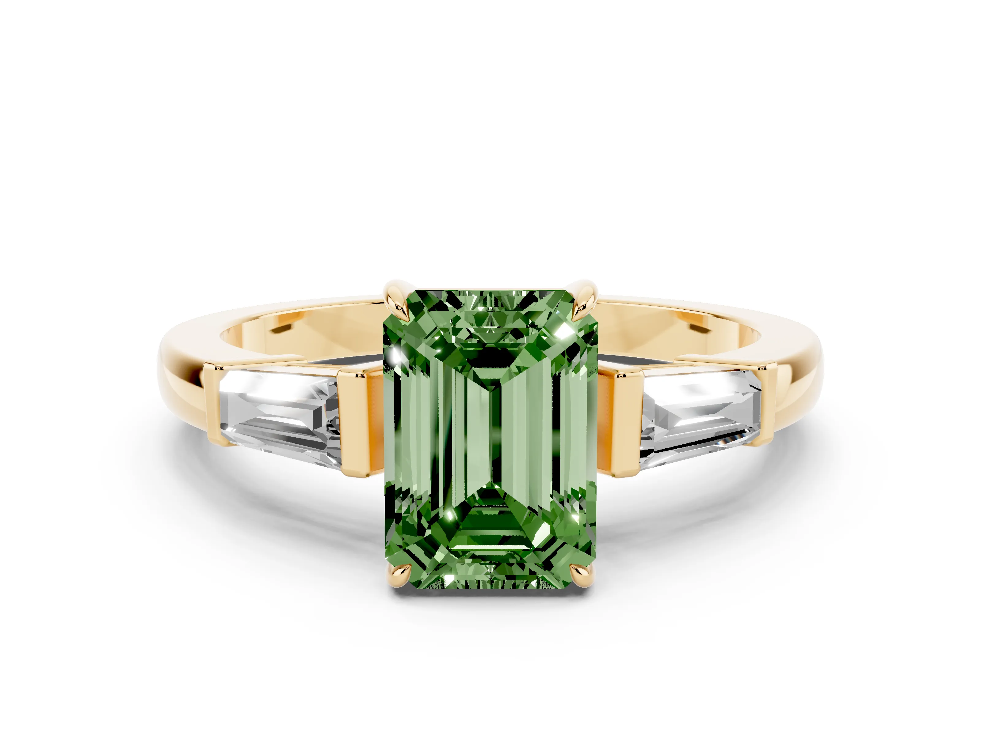 Fancy Green Emerald Cut Diamond Three-Stone Ring Set in Yellow gold with Tapered Baguette Side Stones and Prong Setting