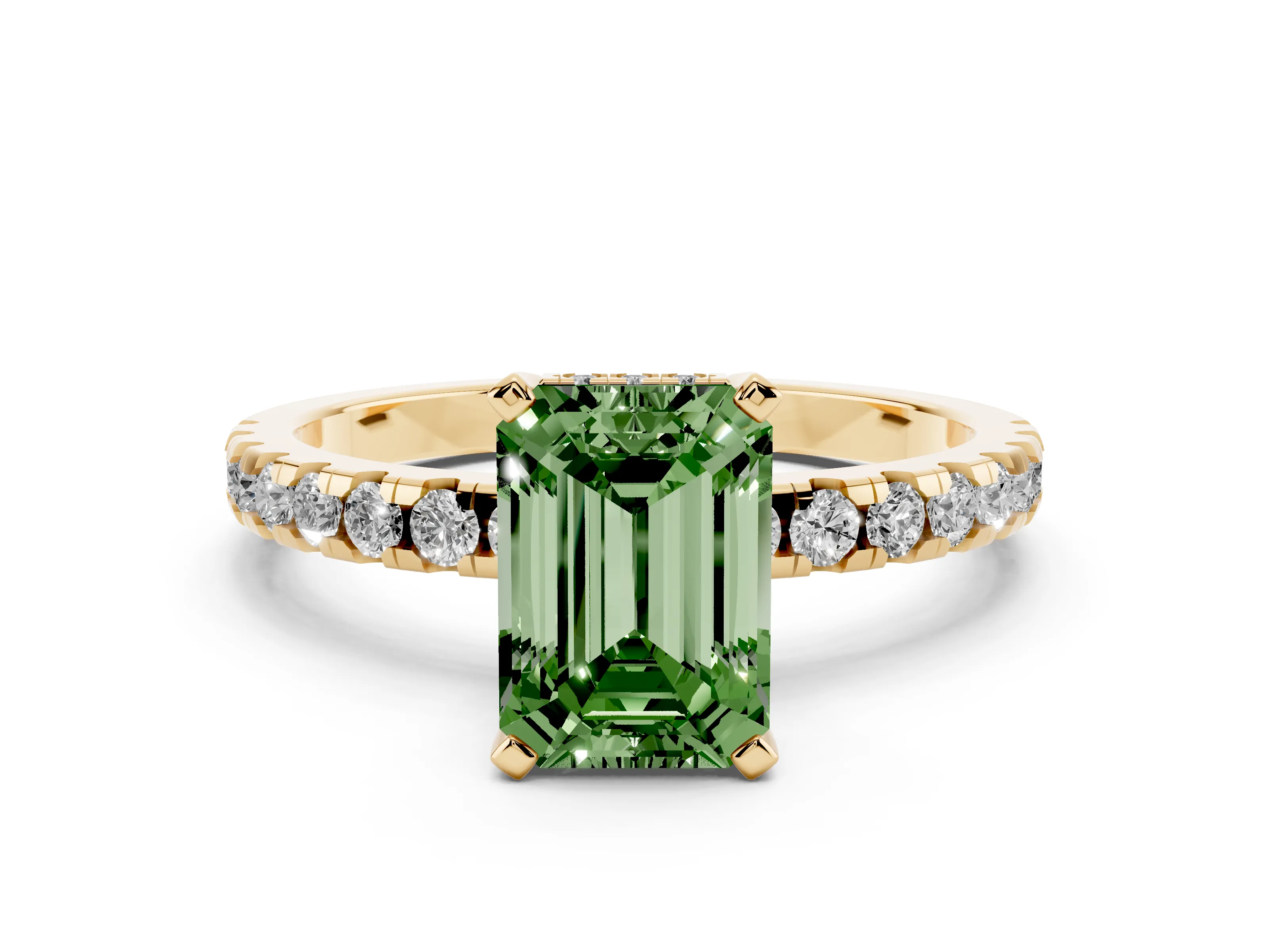 Fancy Green Emerald Cut Diamond Pavé Solitaire Ring Set in Yellow gold with Round Band Accents and Prong Setting