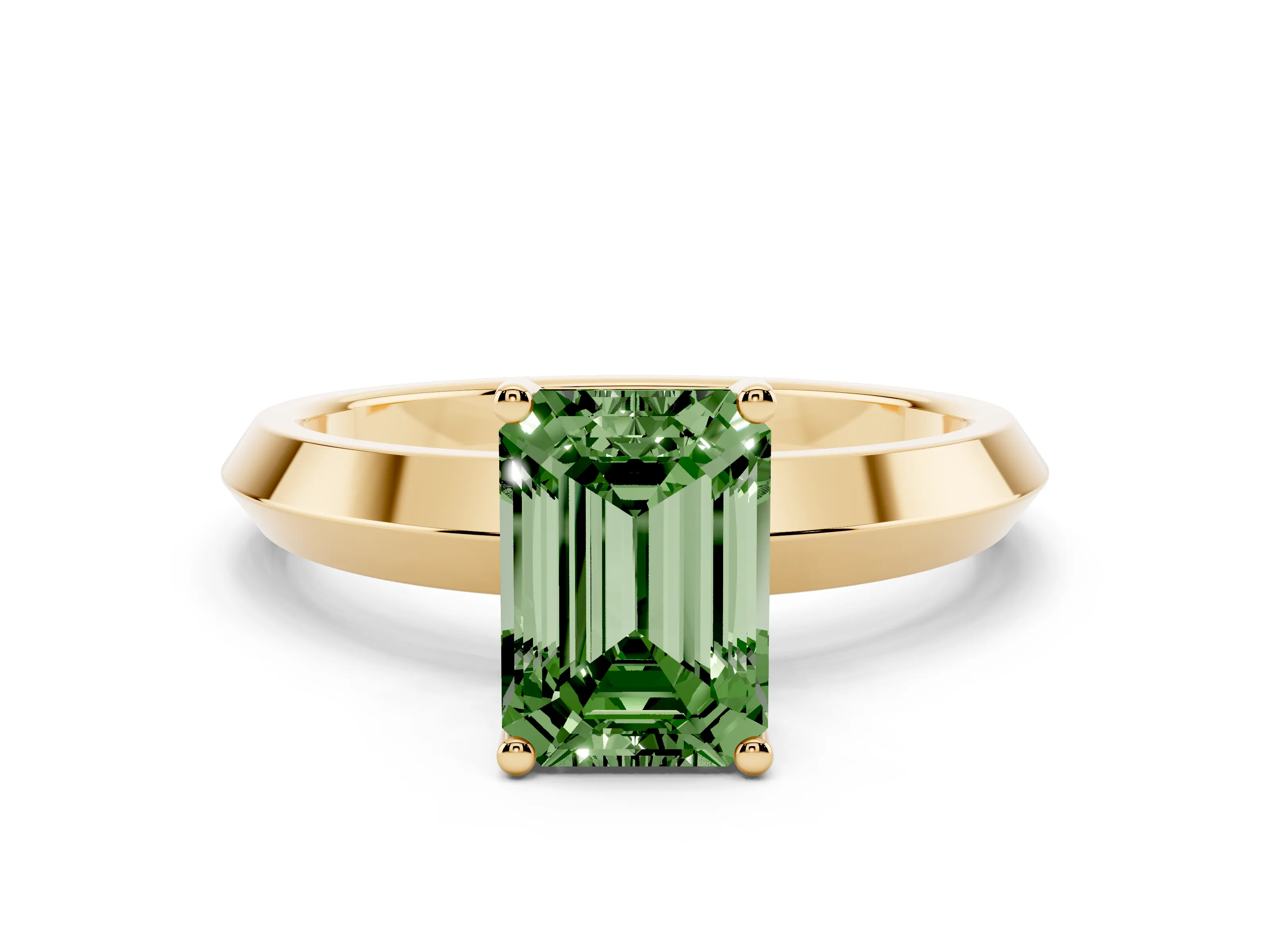 Fancy Green Emerald Cut Diamond Solitaire Engagement Ring Set in Yellow gold with Flat Band and Prong Setting