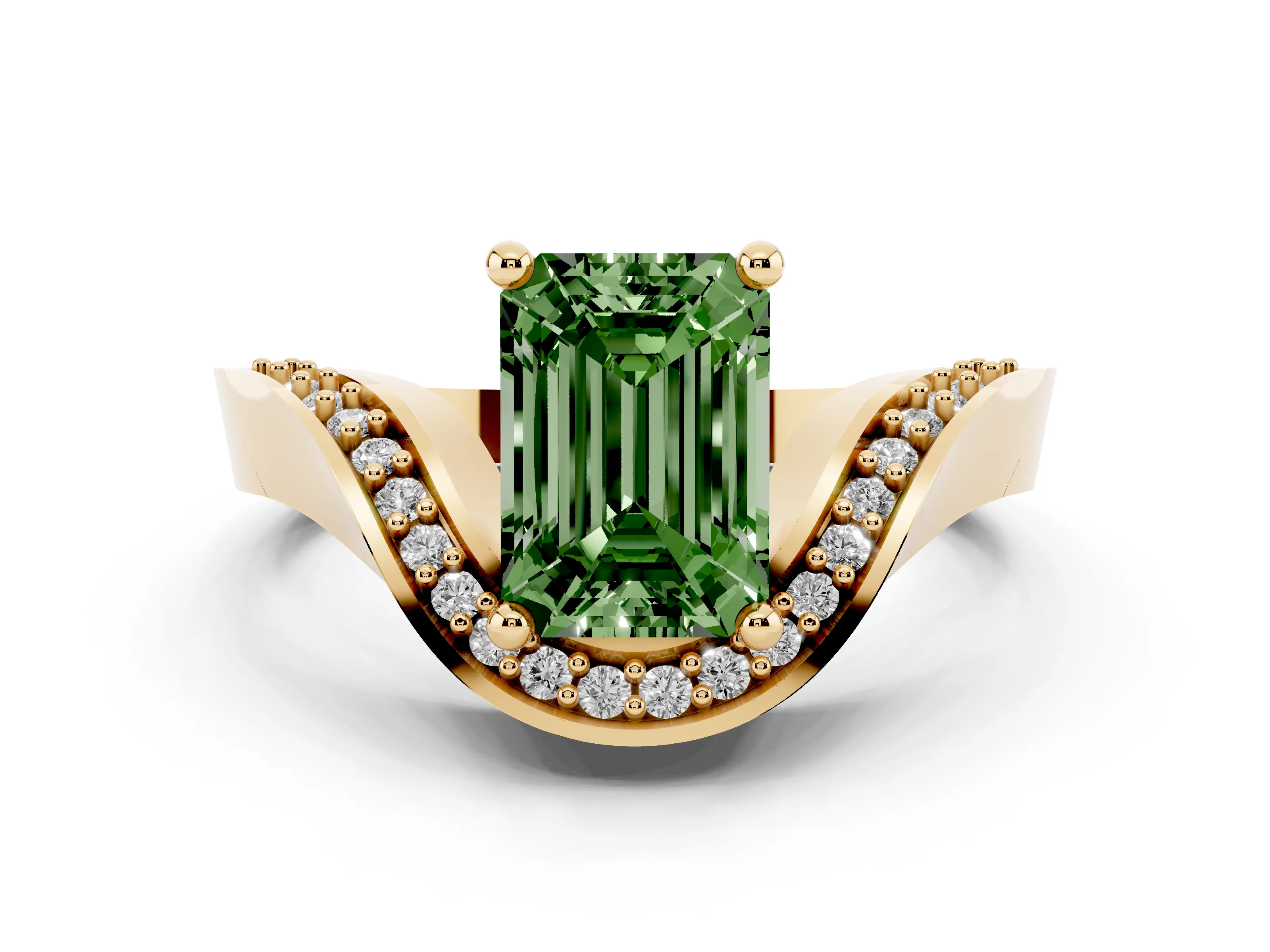 Fancy Green Emerald Cut Diamond Solitaire Engagement Ring Set in Yellow gold with Pavé Shoulders