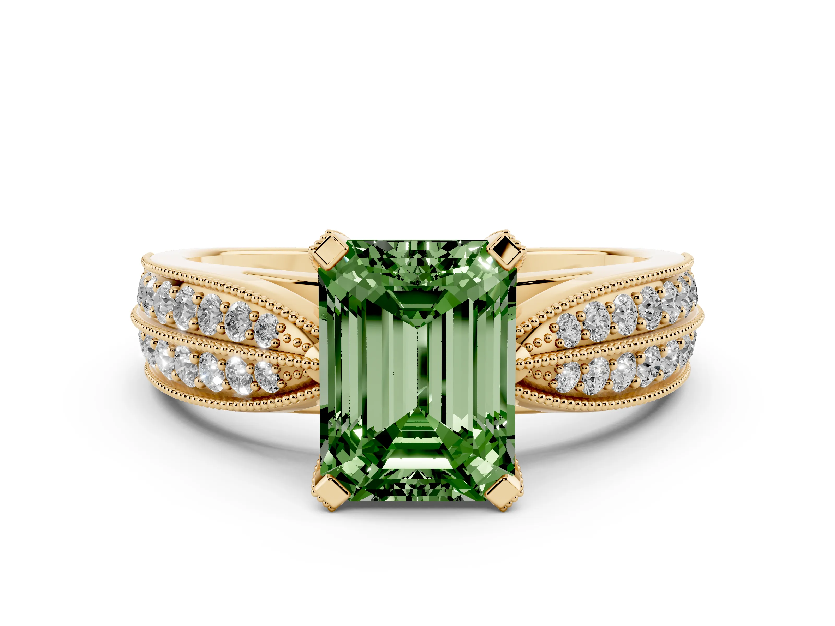 Fancy Green Emerald Cut Diamond Solitaire Ring Set in Yellow gold with Milgrain Double Row Round Pavé Band