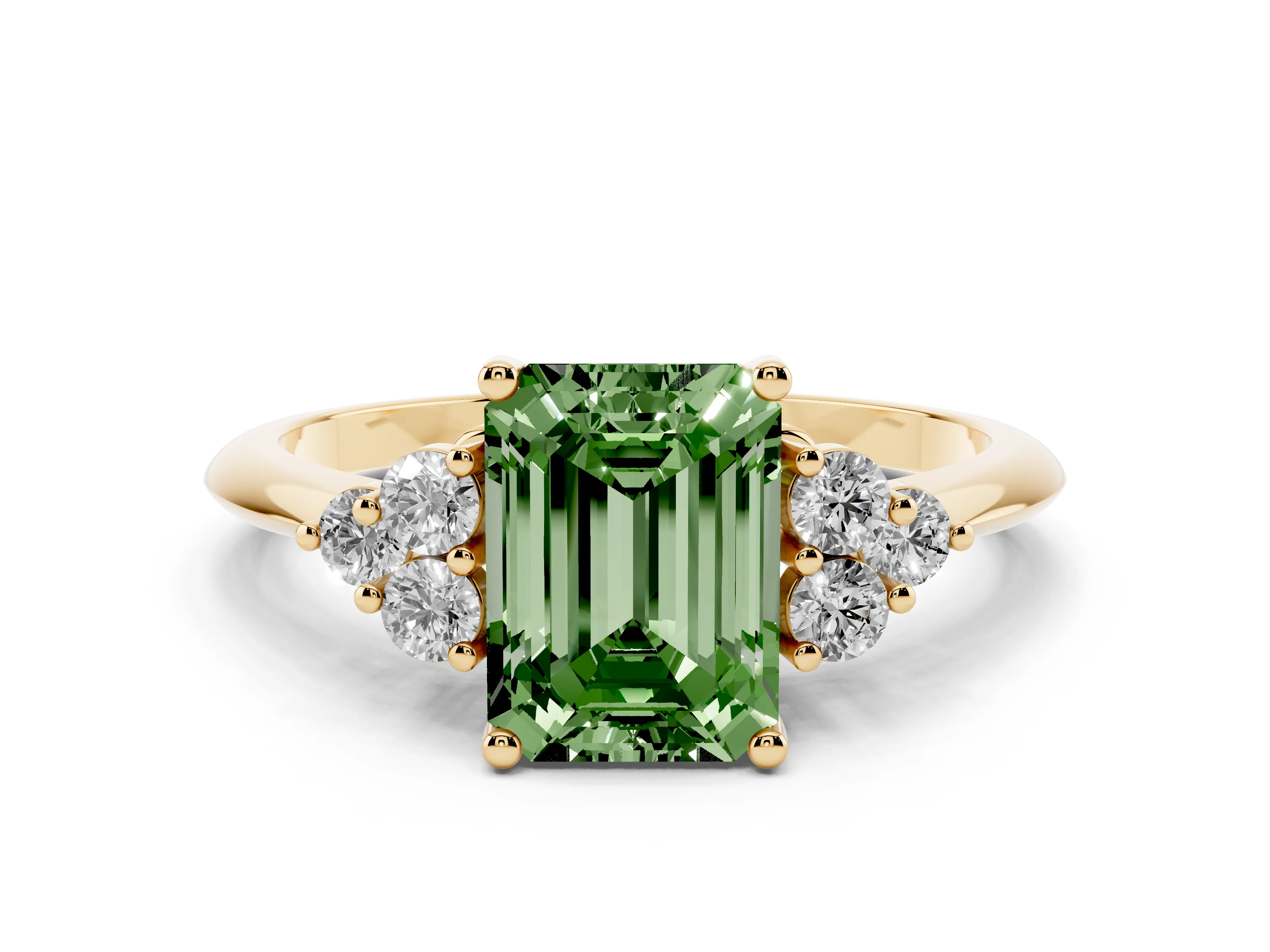 Fancy Green Emerald Cut Diamond Cluster Ring Set in Yellow gold with Plain Band and Prong Setting