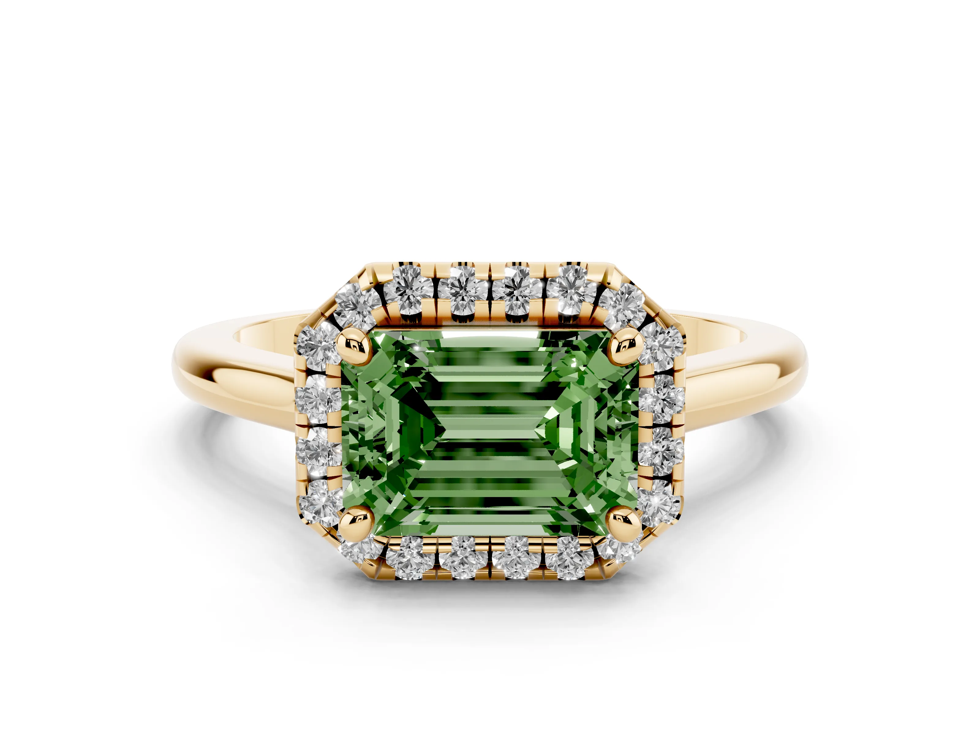 Fancy Green Emerald Cut Diamond Halo Engagement Ring Set in Yellow gold with Pavé Band and Rising Shoulders