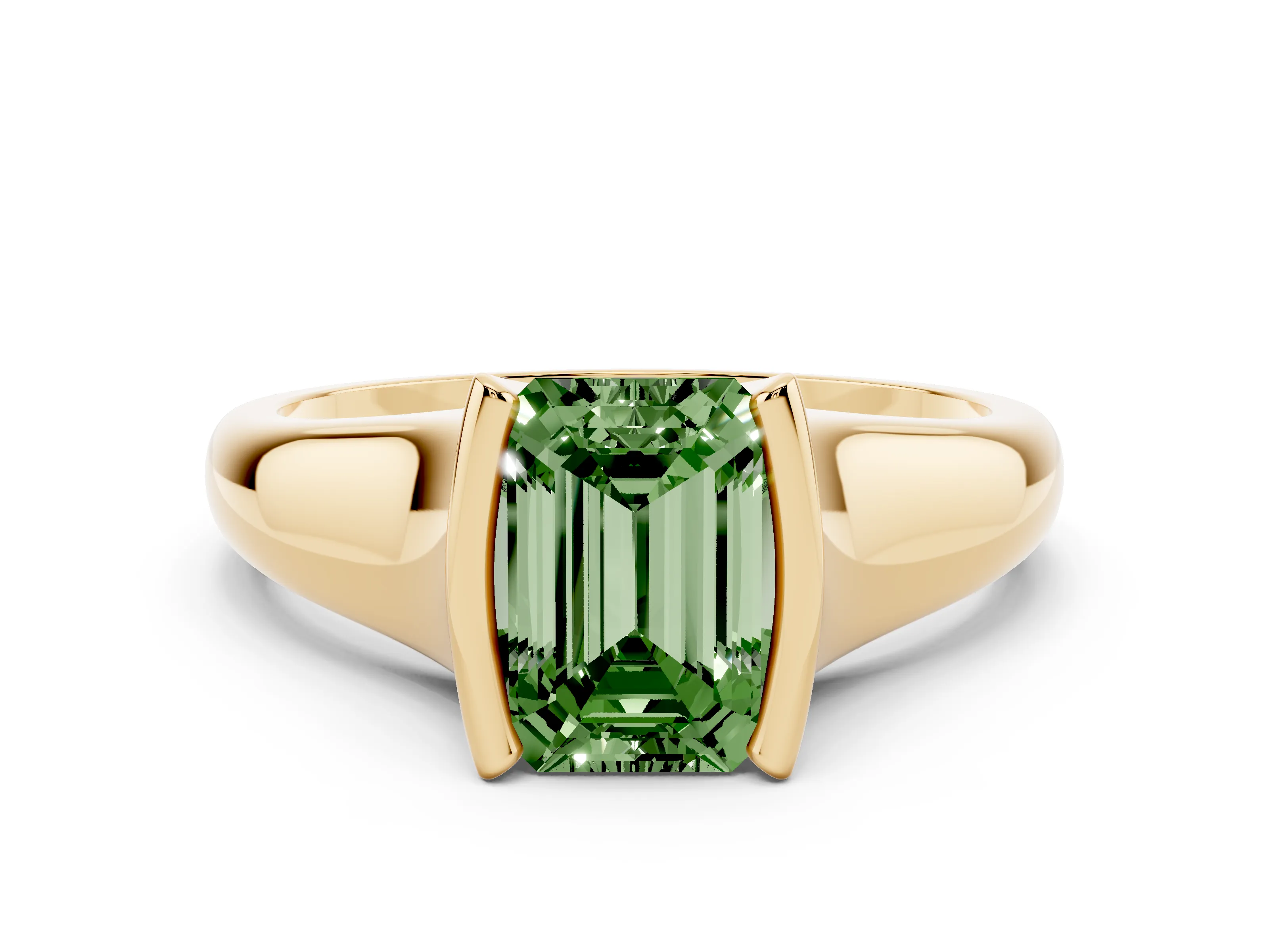 Fancy Green Emerald Cut Diamond Solitaire Tension Set Ring Set in Yellow gold with Split Shank Band