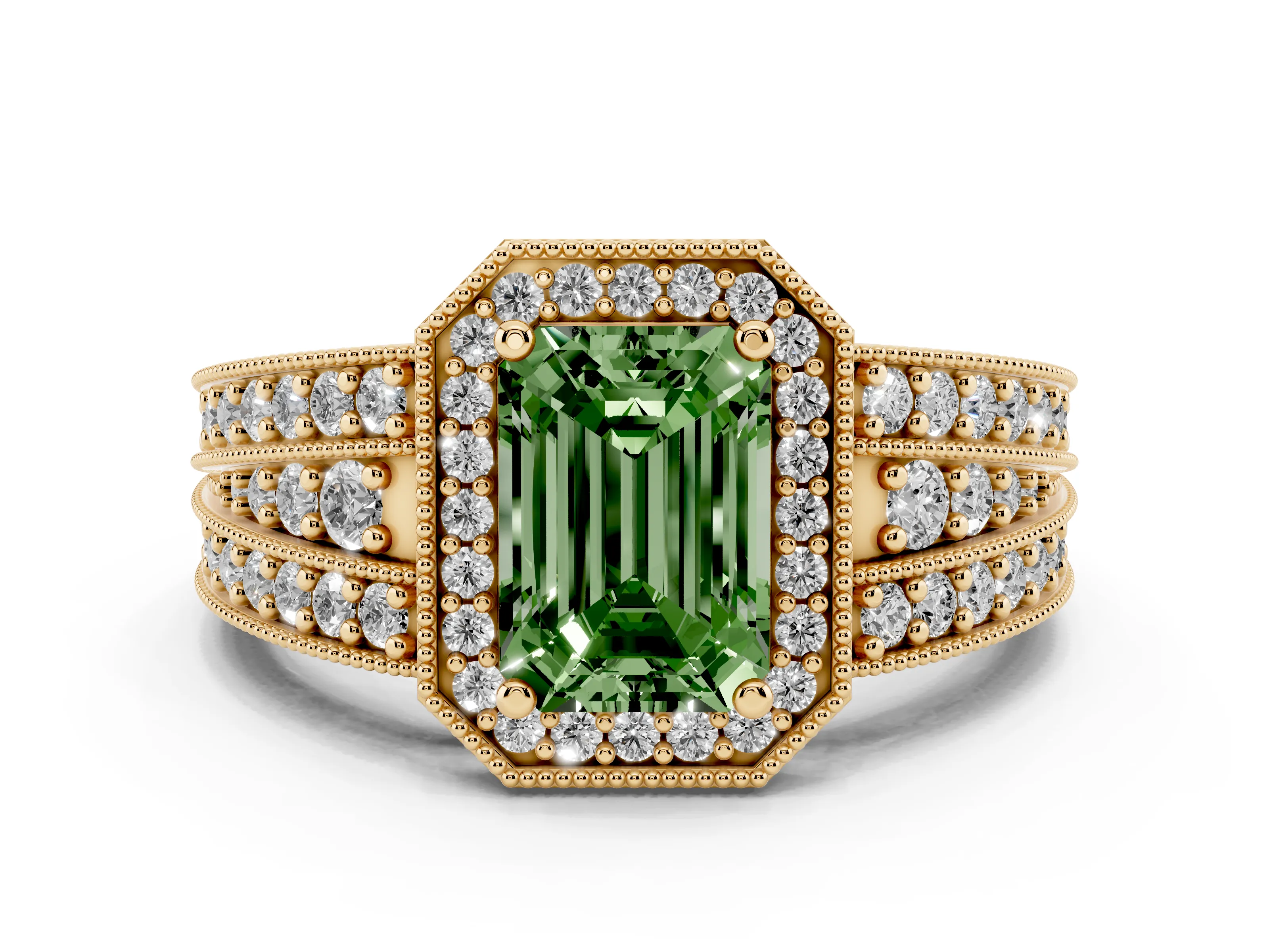 Fancy Green Emerald Cut Diamond Halo Ring Set in Yellow gold with Accent Split Shank and Prong Setting