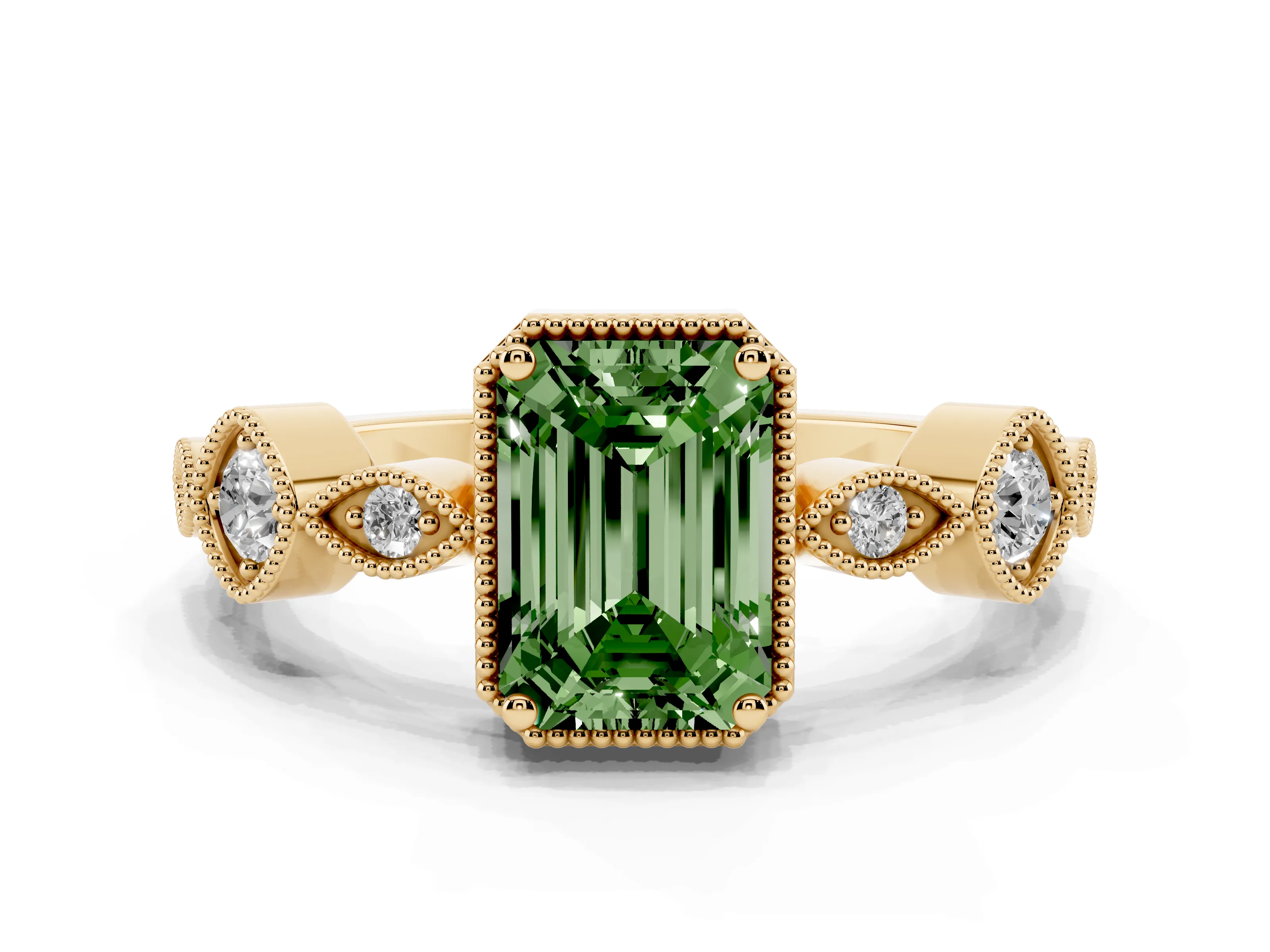 Fancy Green Emerald Cut Diamond Vintage-Inspired Milgrain Ring Set in Yellow gold with Marquise Stations of Round Accents