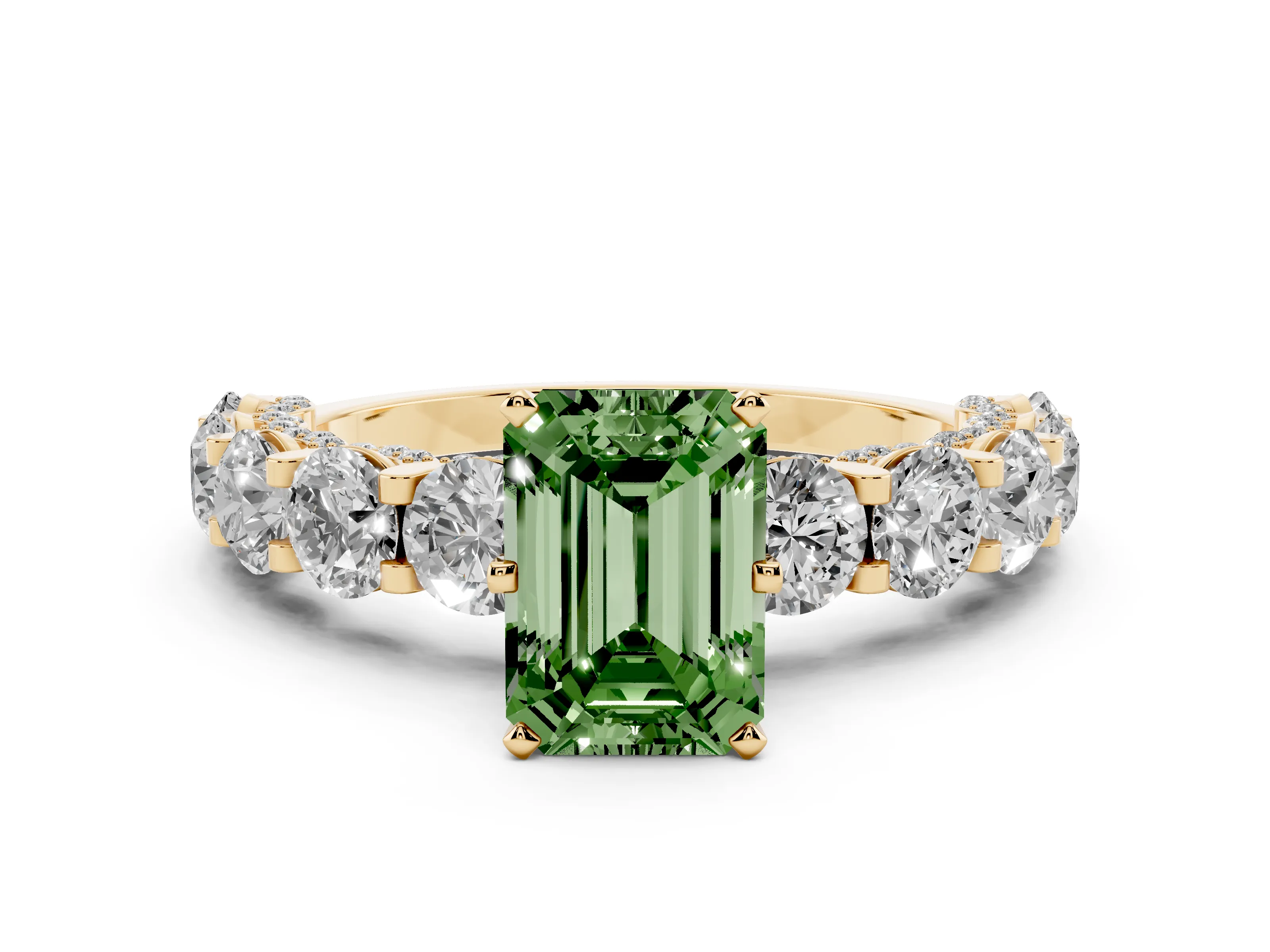Fancy Green Emerald Cut Diamond Side Stone Ring Set in Yellow gold with Alternating Round and Oval Side Stones