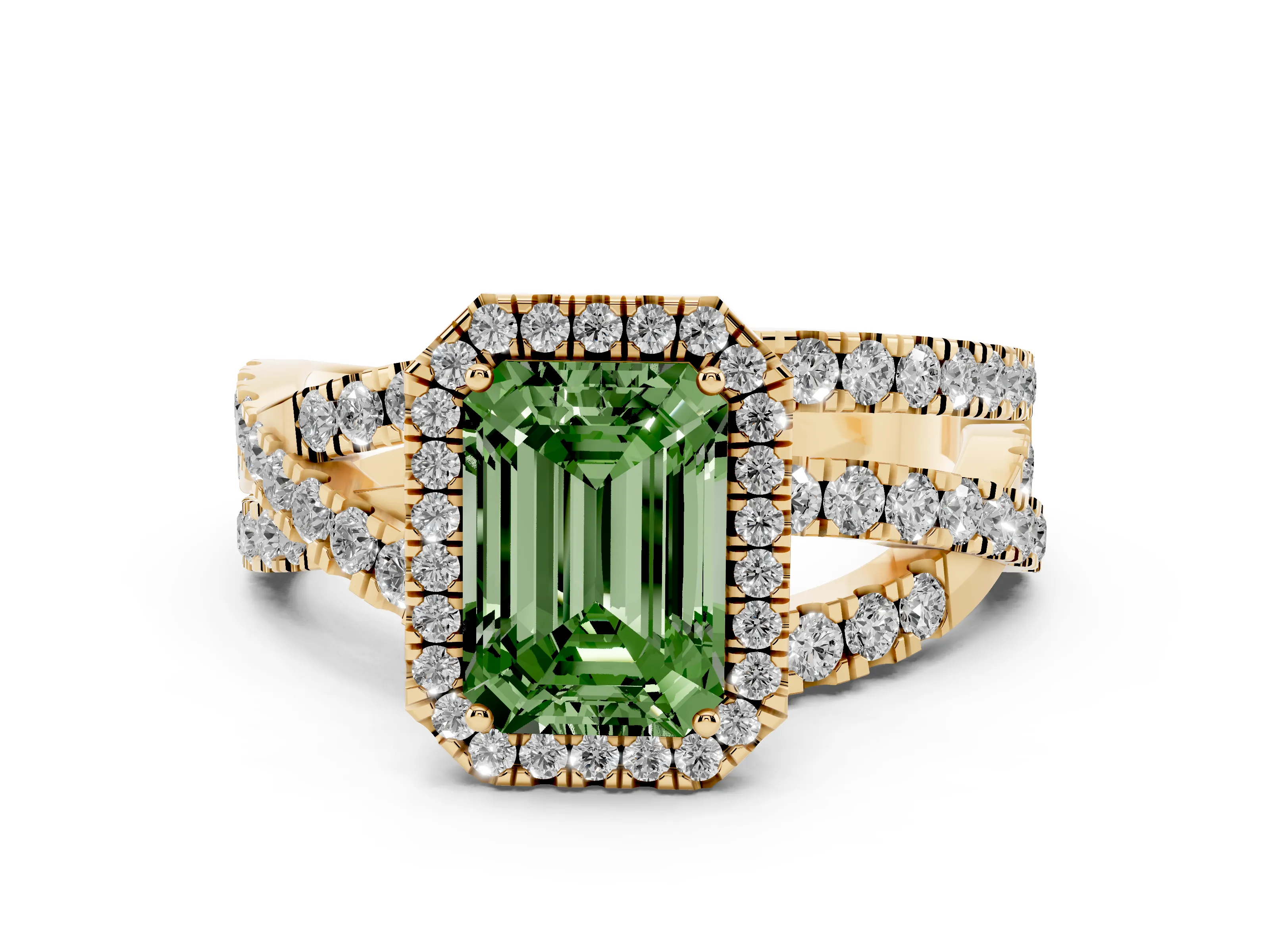 Fancy Green Emerald Cut Diamond Halo Ring Set in Yellow gold with Round Crossover Split Shank and Prong Setting