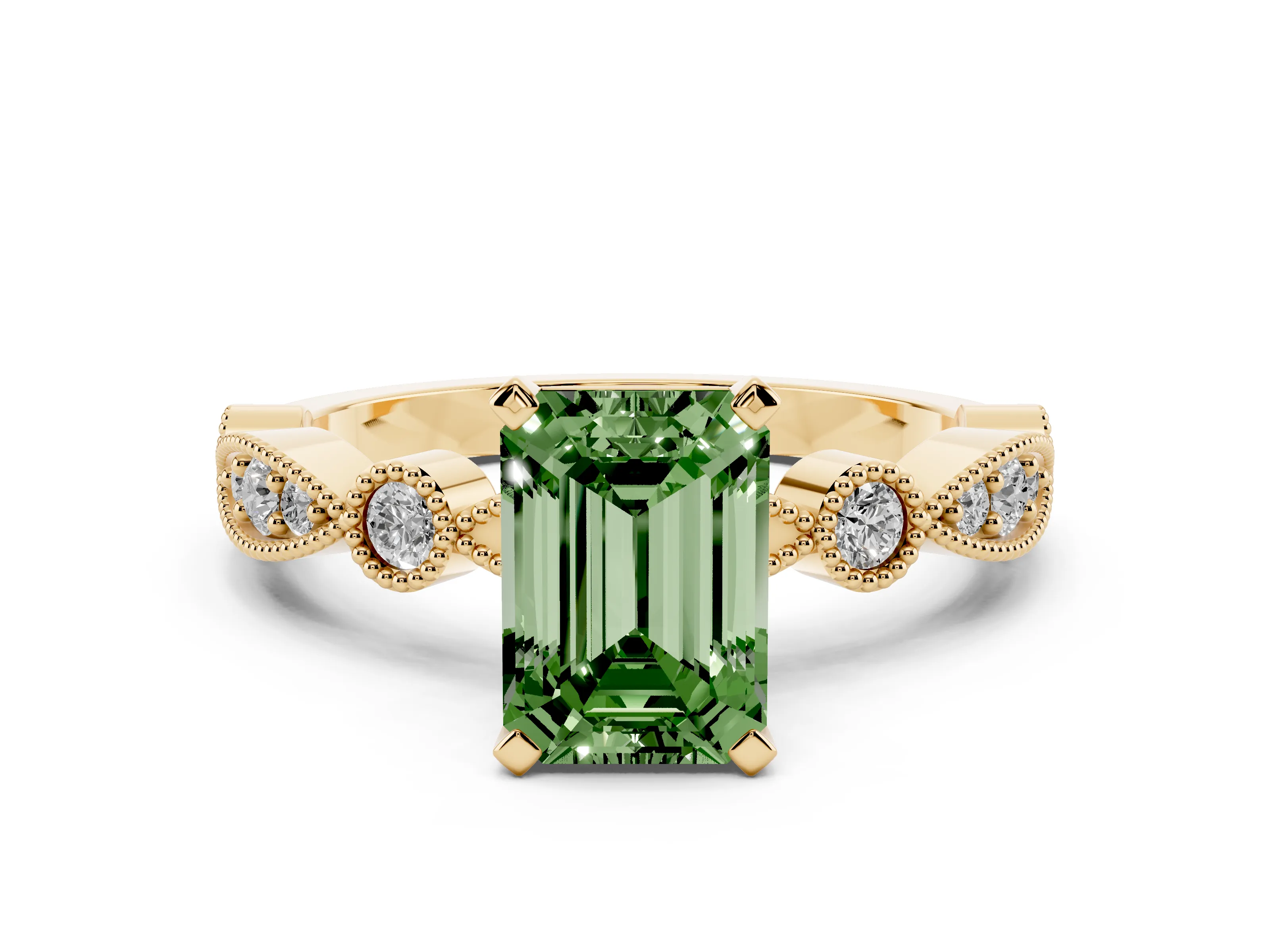 Fancy Green Emerald Cut Diamond Solitaire Engagement Ring Set in Yellow gold with Milgrain Bezel Accent Band