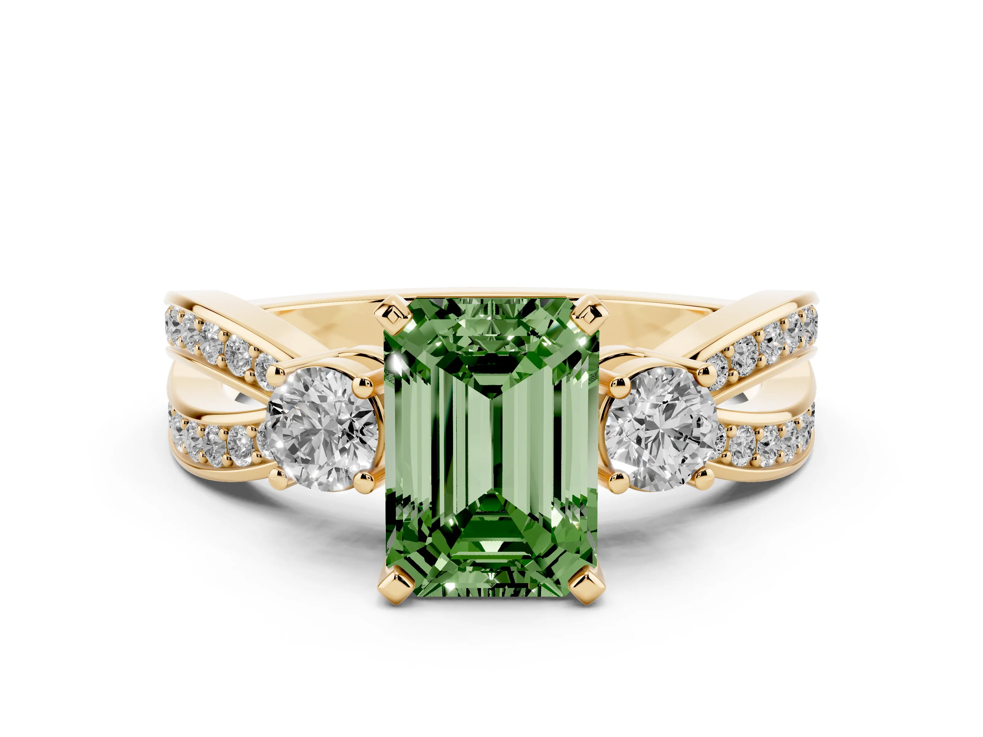 Fancy Green Three-Stone Emerald Cut Diamond Twist Band Ring Set in Yellow gold with Pavé Accents and Prong Setting