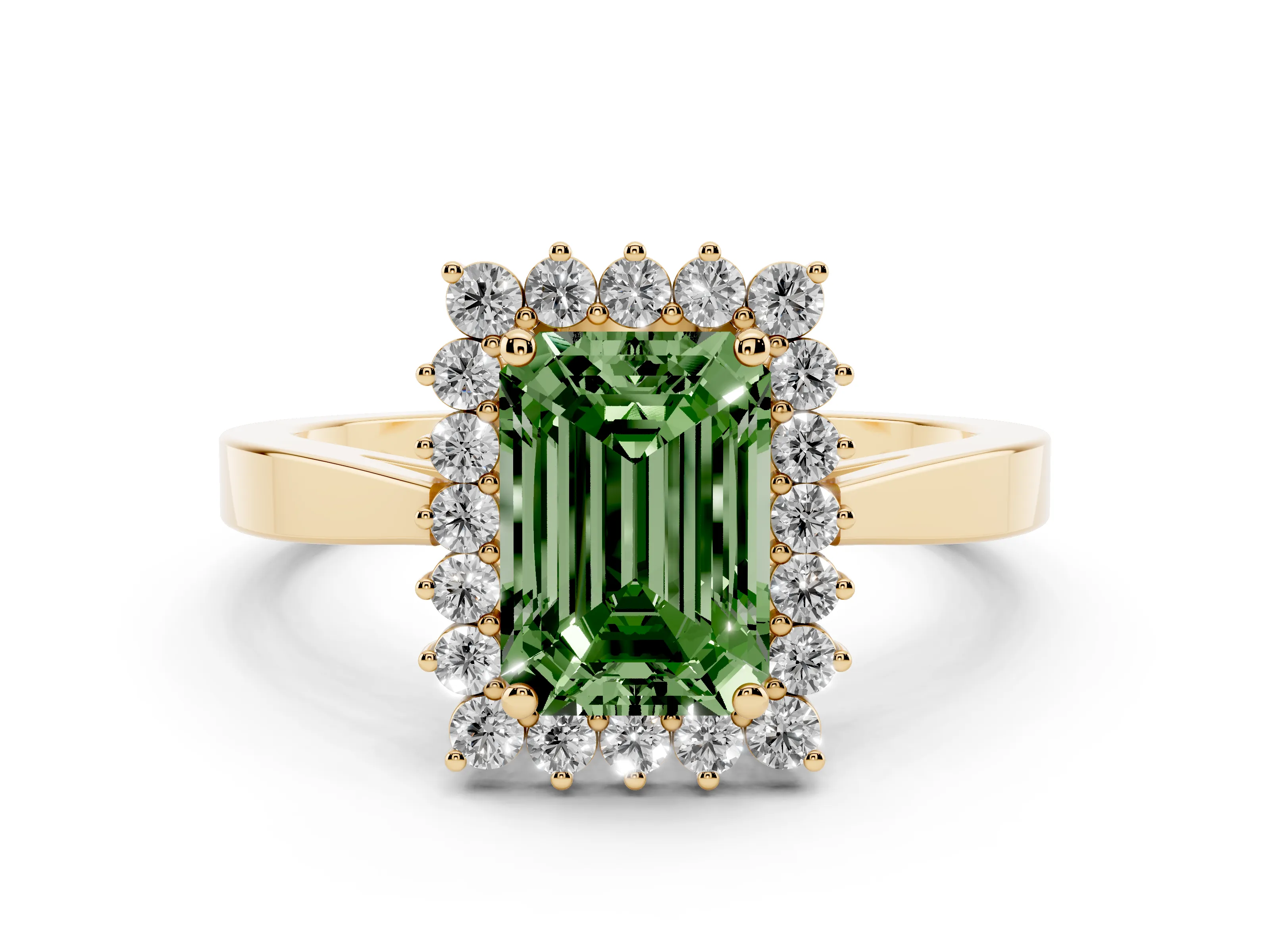 Fancy Green Emerald Cut Diamond Halo Ring Set in Yellow gold with Round Halo and Smooth Solitaire Band