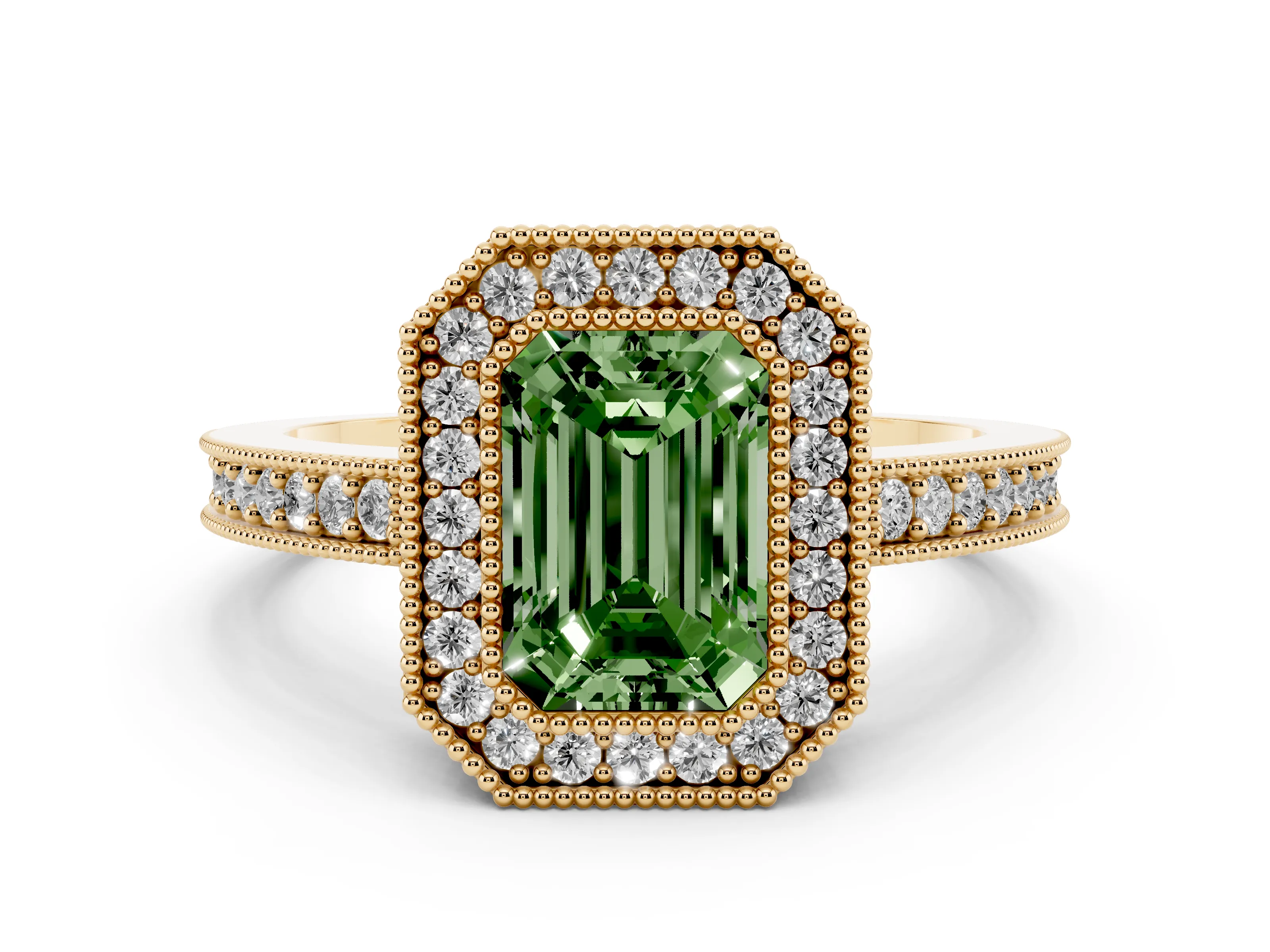Fancy Green Emerald Cut Diamond Halo Engagement Ring Set in Yellow gold with Pavé Band and Round Halo Stones