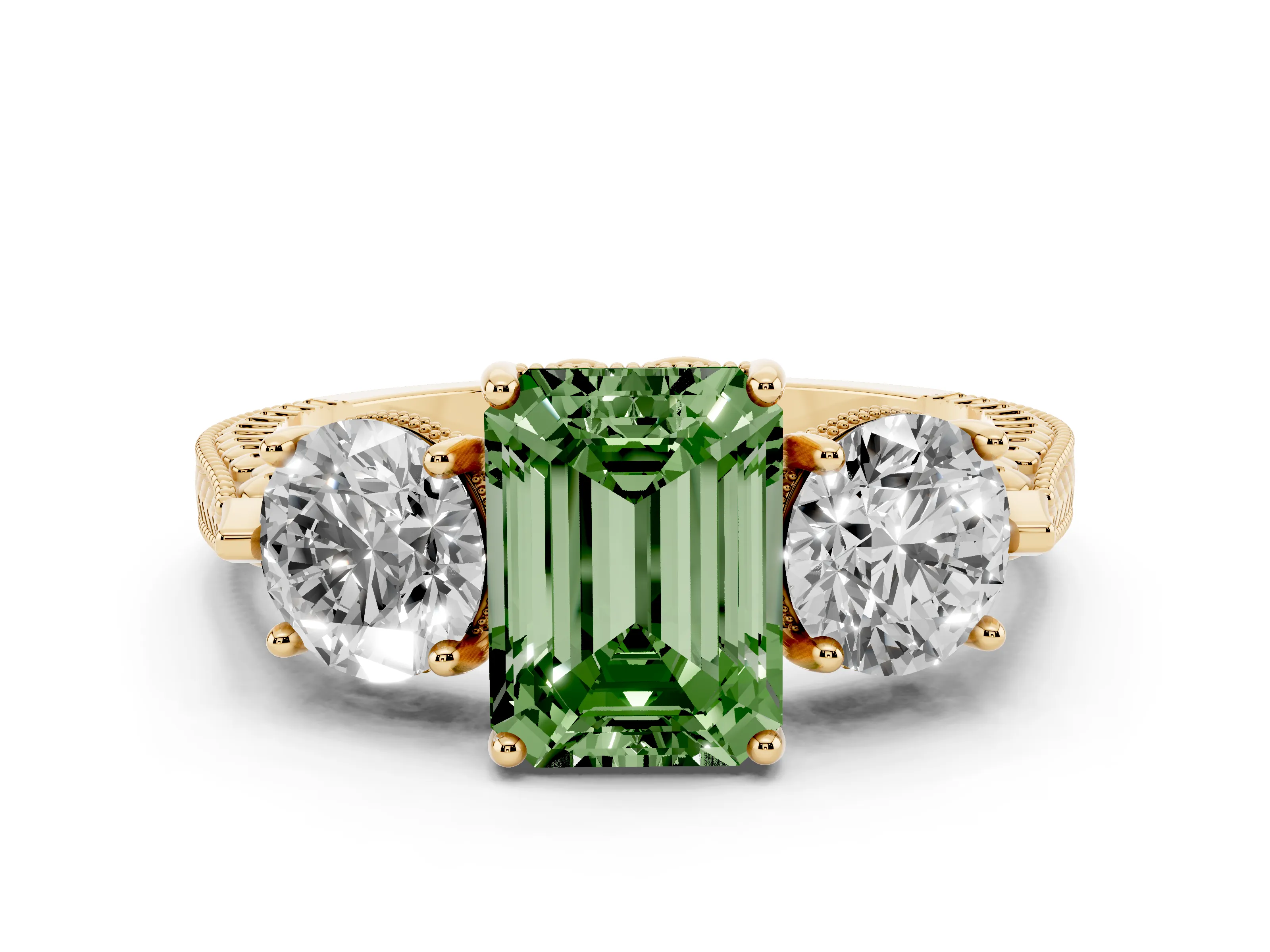 Fancy Green Emerald Cut Diamond Three-Stone Ring Set in Yellow gold with Milgrain Band