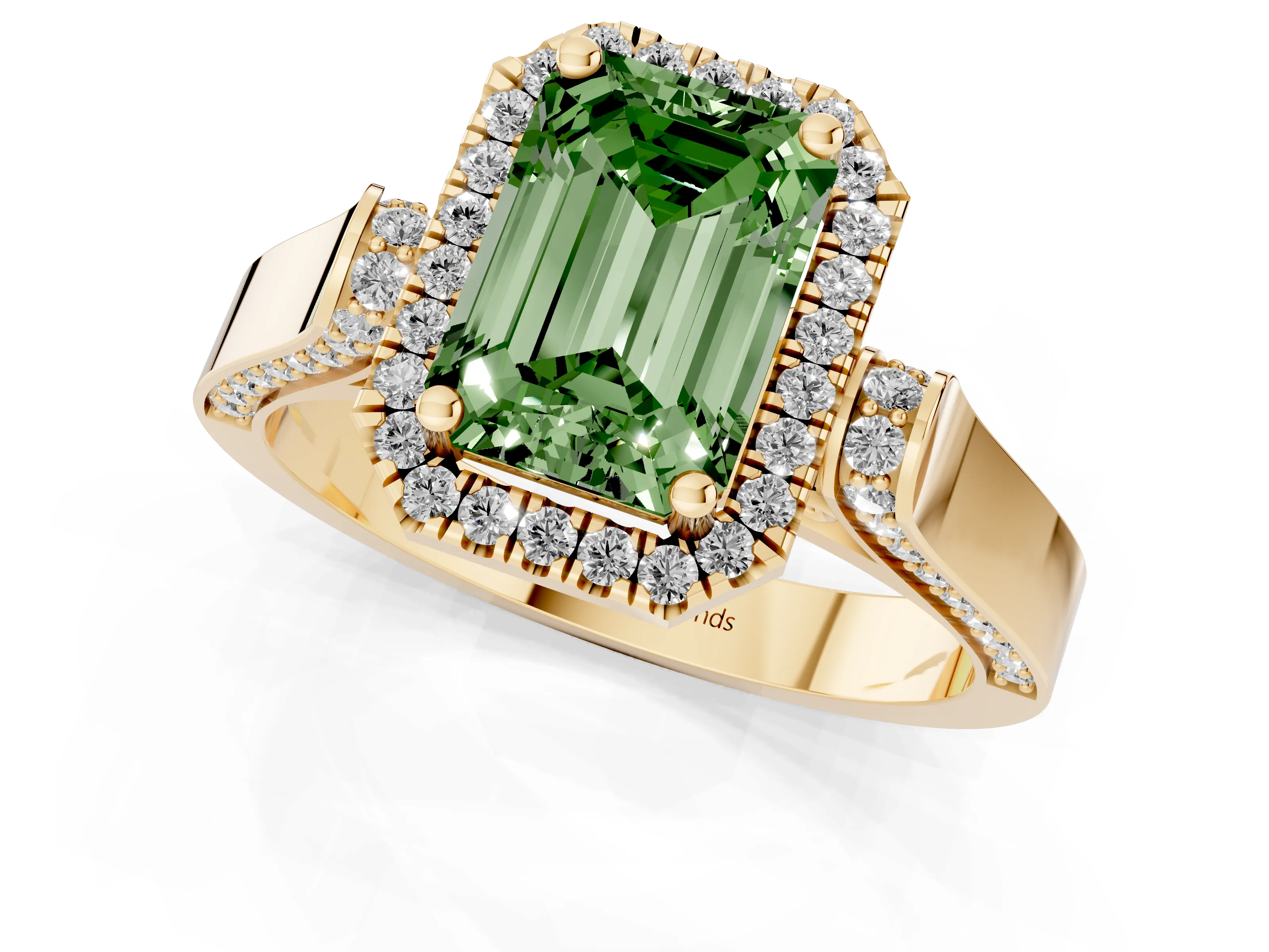 Fancy Green Emerald Cut Diamond Halo Ring Set in Yellow gold with Pavé-Lined Split Shank Band