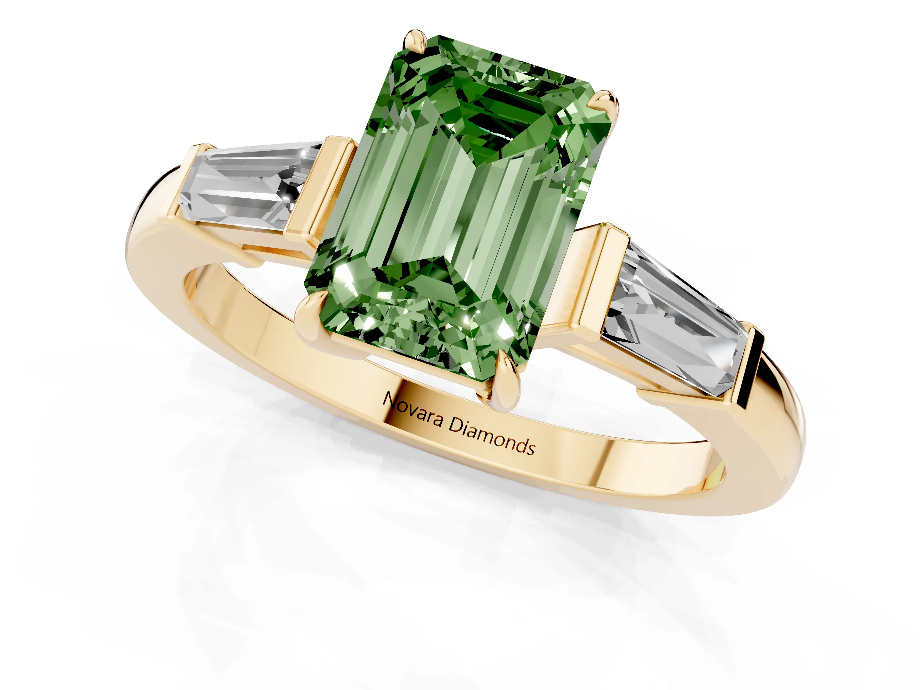 Fancy Green Emerald Cut Diamond Three-Stone Ring Set in Yellow gold with Tapered Baguette Side Stones and Prong Setting
