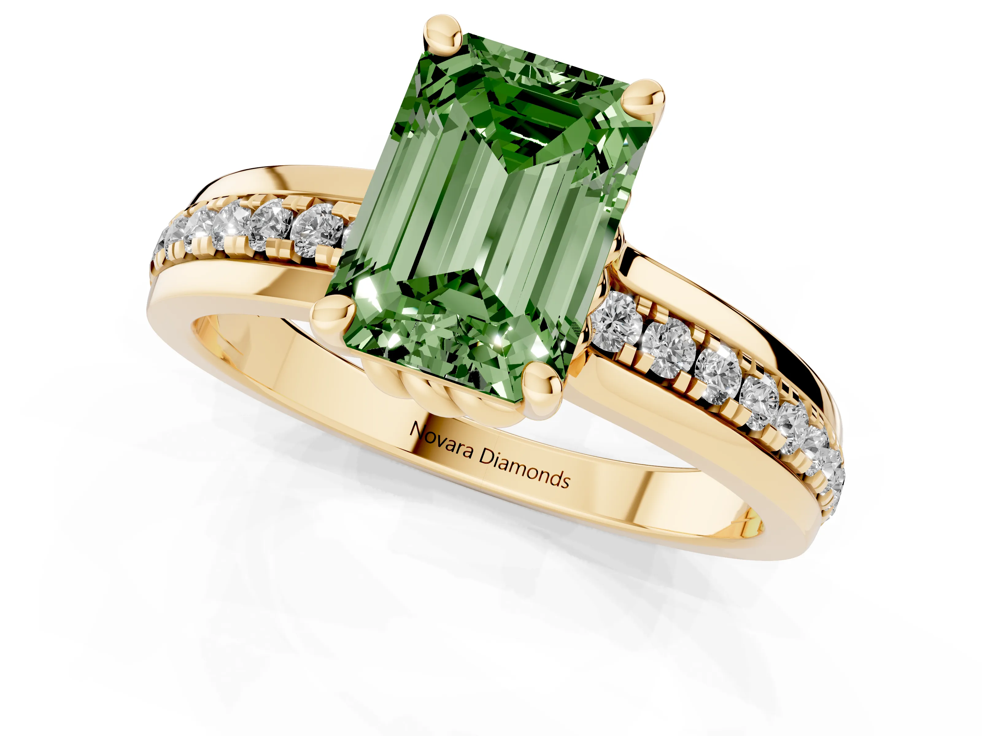 Fancy Green Emerald Cut Diamond Solitaire Ring Set in Yellow gold with Channel Set Band and Prong Setting
