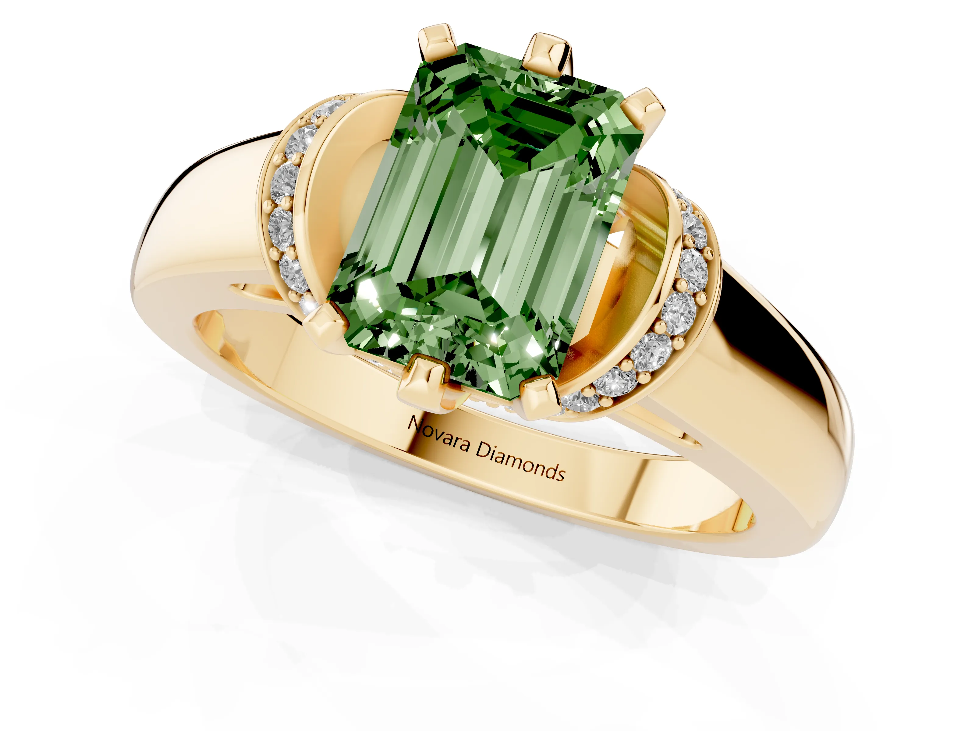 Fancy Green Emerald Cut Diamond Pavé Band Solitaire Ring Set in Yellow gold with Prong Setting
