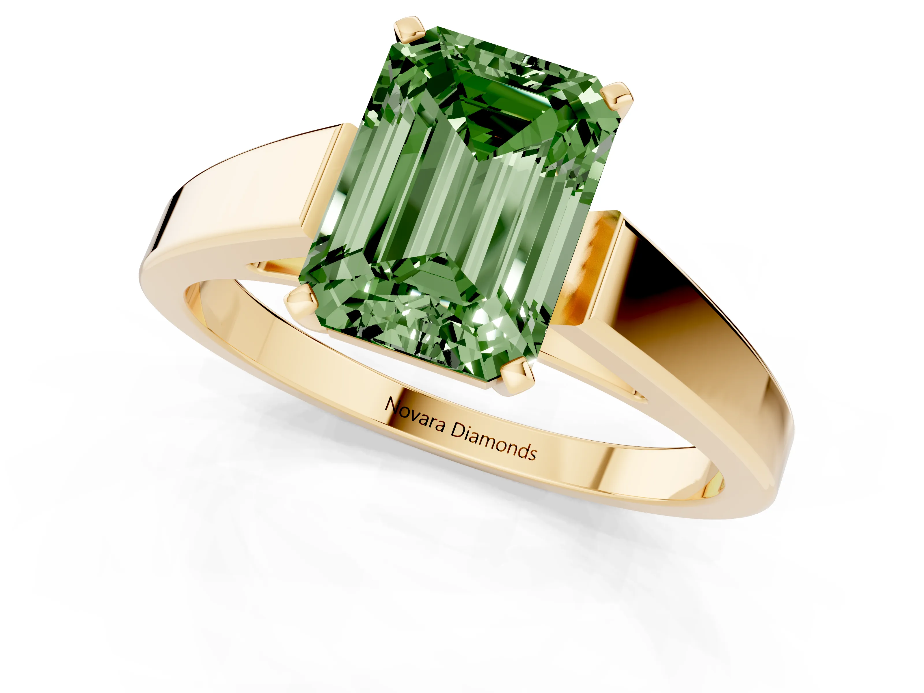 Fancy Green Emerald Cut Diamond Solitaire Engagement Ring Set in Yellow gold with Prong Setting and Tapered Band