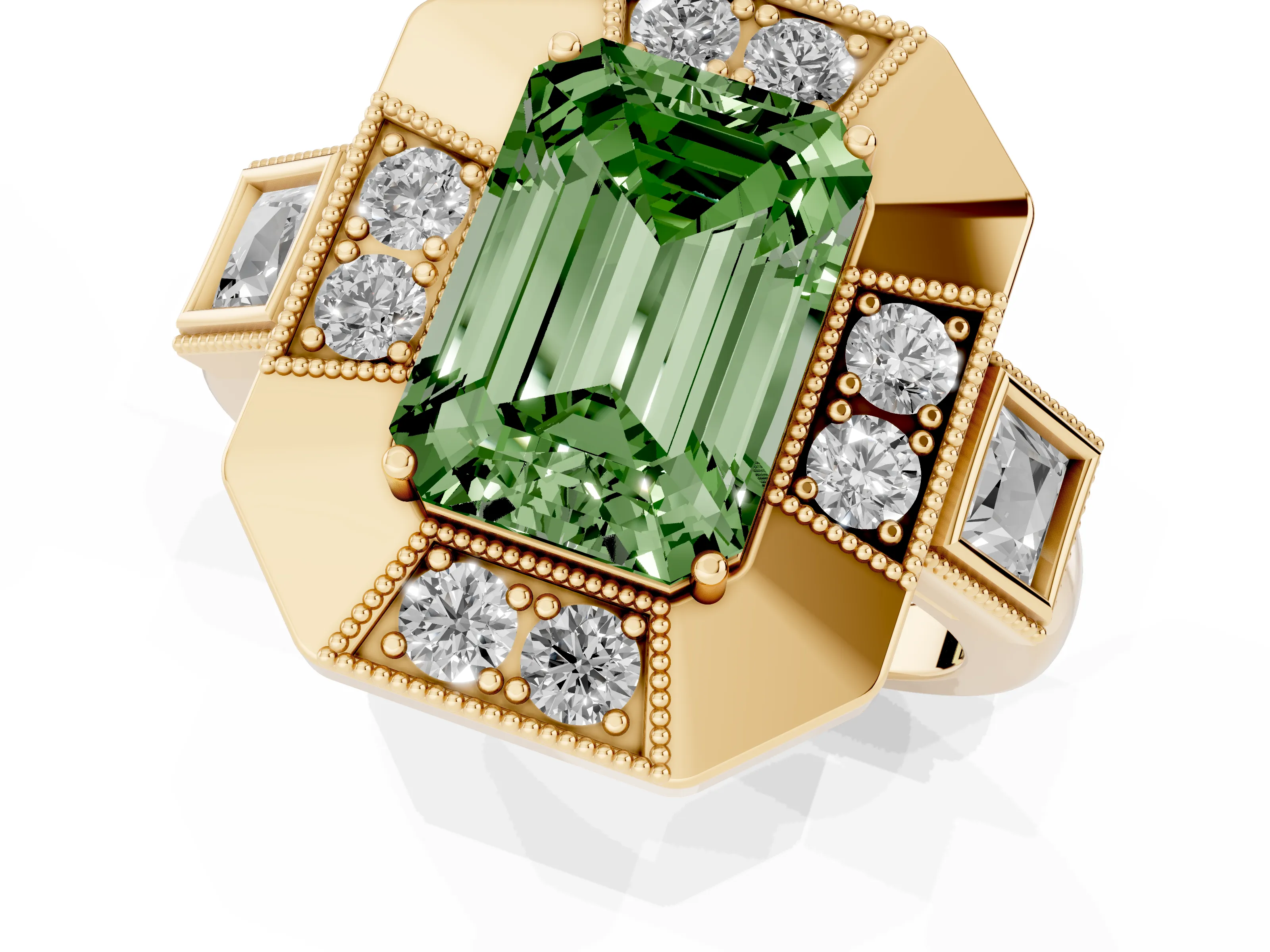 Fancy Green Emerald Cut Diamond Milgrain Halo Ring Set in Yellow gold with Split Shank