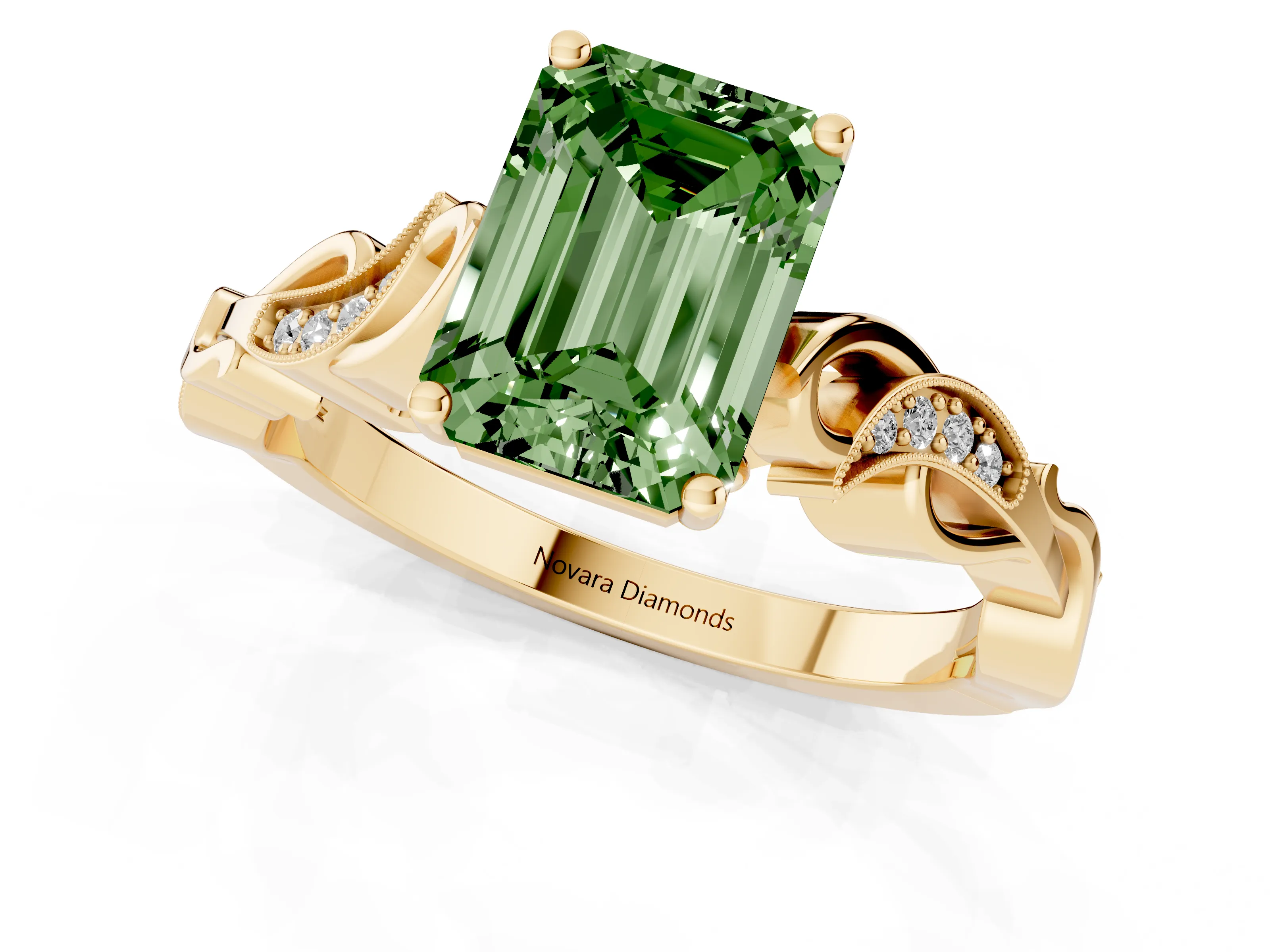 Fancy Green Emerald Cut Diamond Vine Band Solitaire Ring Set in Yellow gold with Milgrain Prong Setting