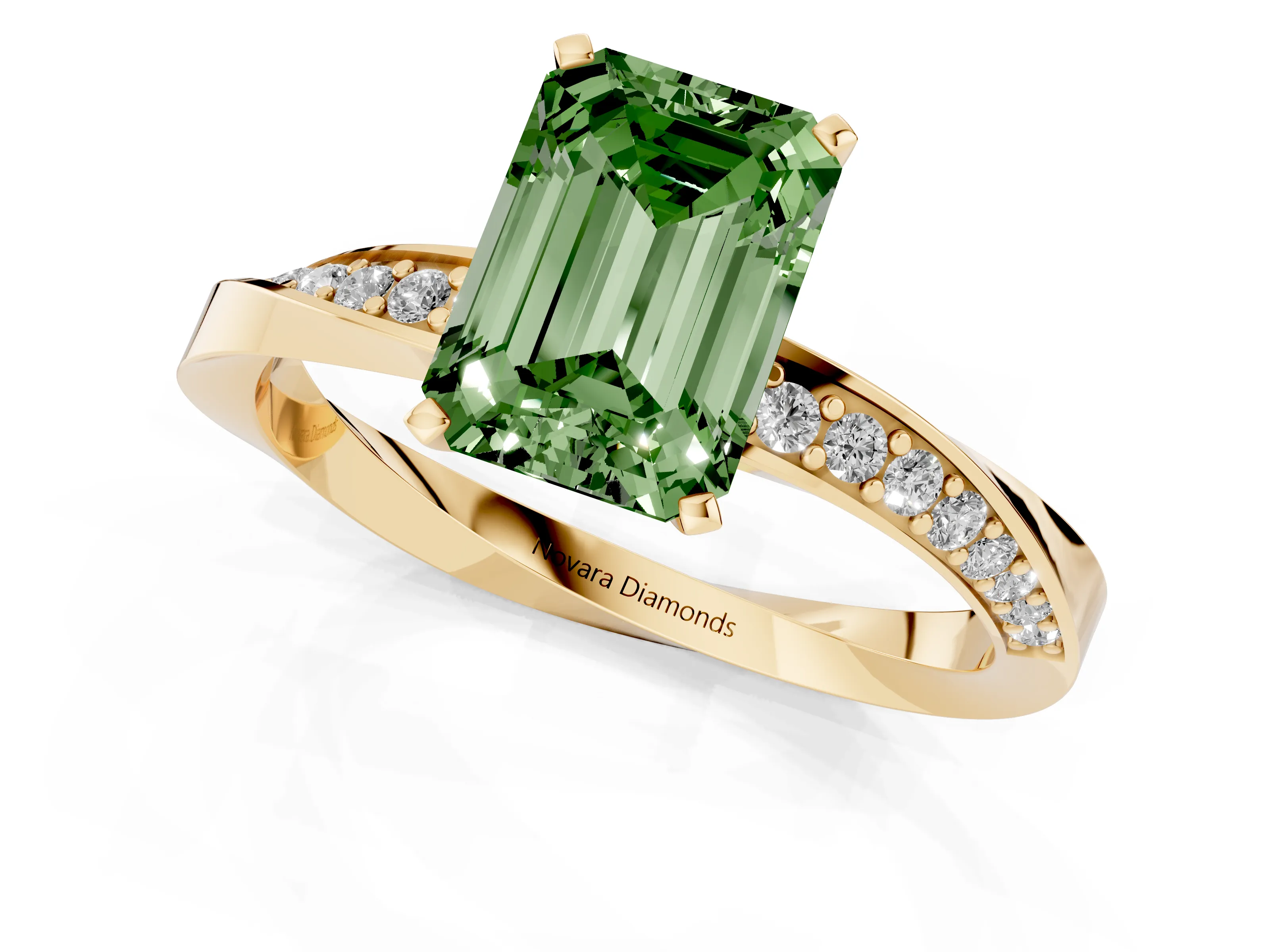 Fancy Green Emerald Cut Diamond Engagement Ring Set in Yellow gold with Side Stone Accents and Prong Setting
