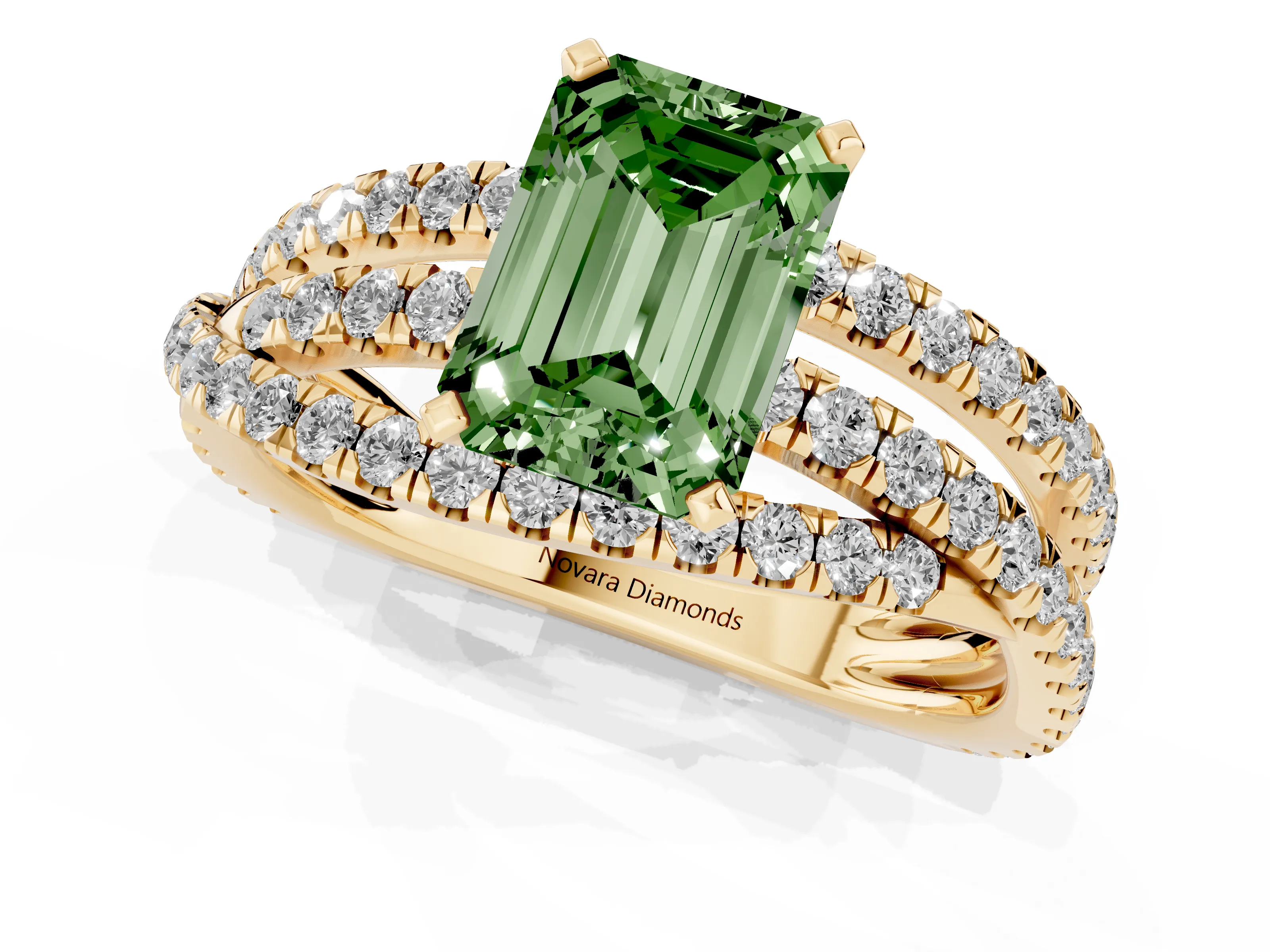 Fancy Green Emerald Cut Diamond Solitaire Twist Band Ring Set in Yellow gold with Pavé Setting and Prong Head