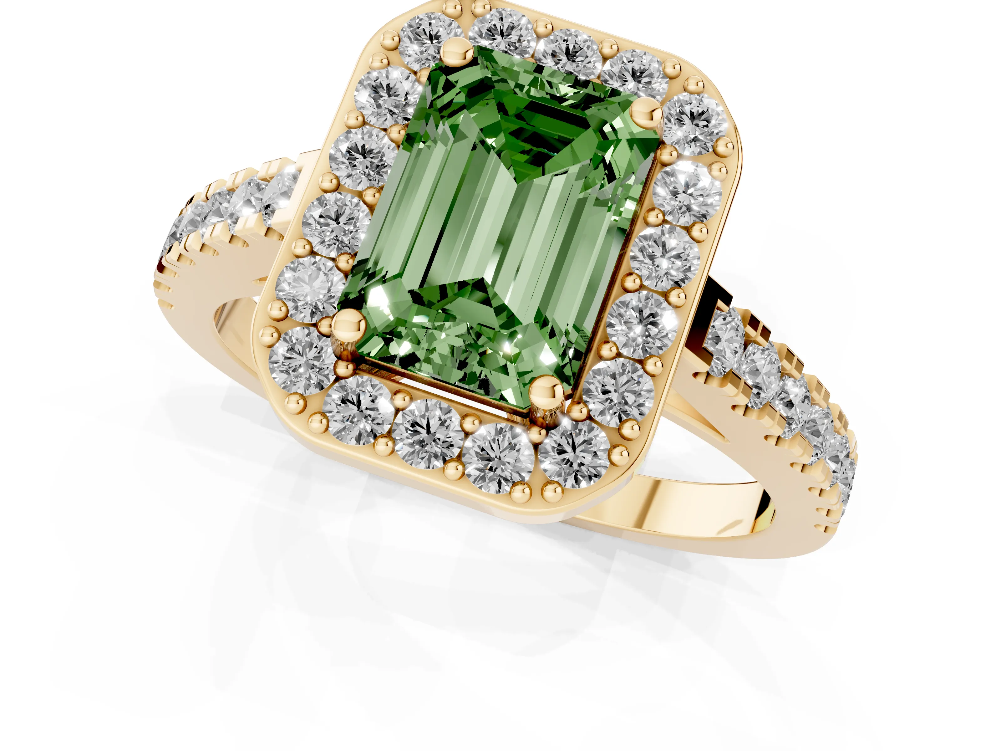 Fancy Green Emerald Cut Diamond Halo Ring Set in Yellow gold with Round Pavé Split Shank and Prong Setting
