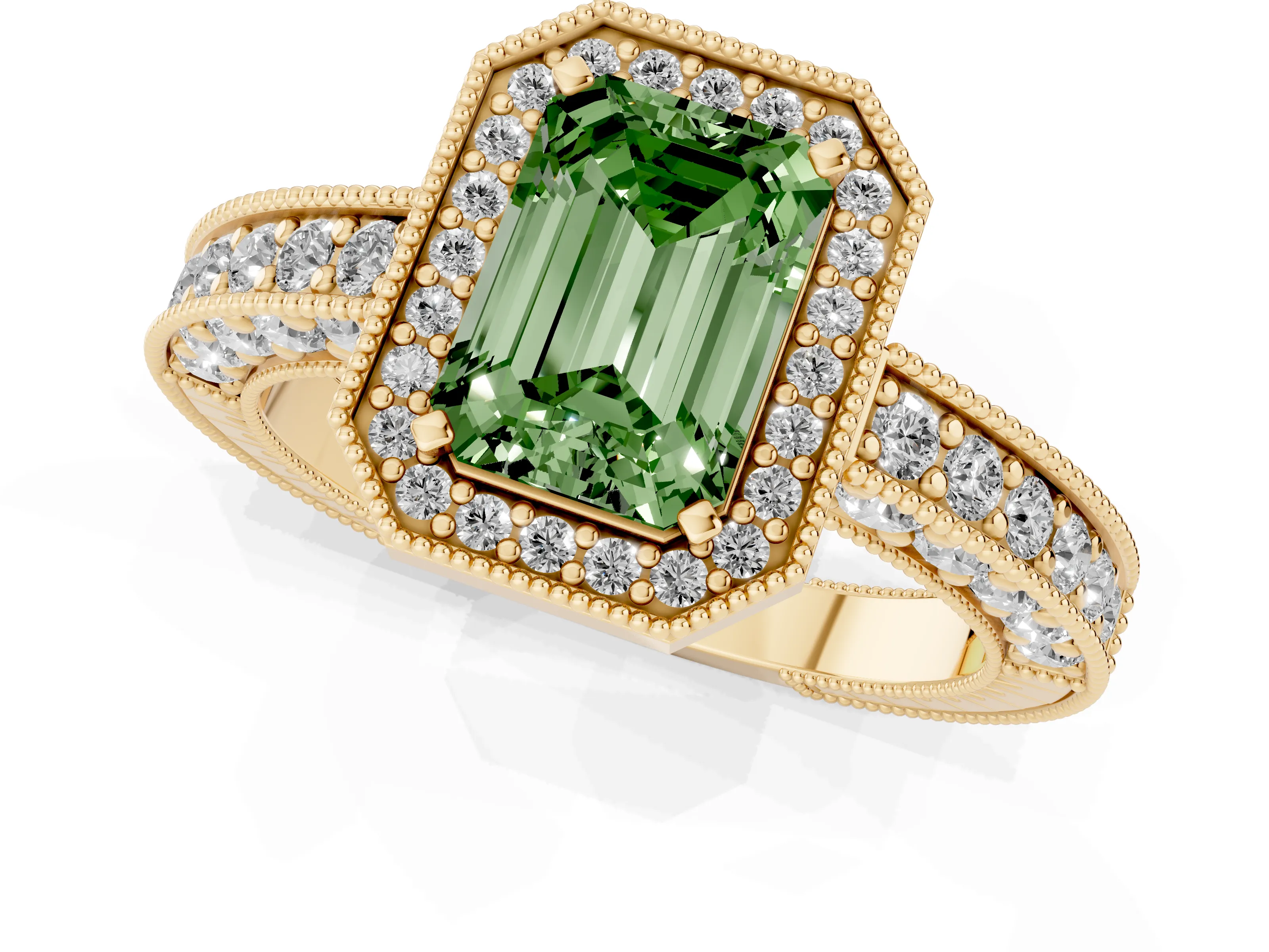 Fancy Green Emerald Cut Diamond Halo Pavé Band Ring Set in Yellow gold with Prong-Set Center
