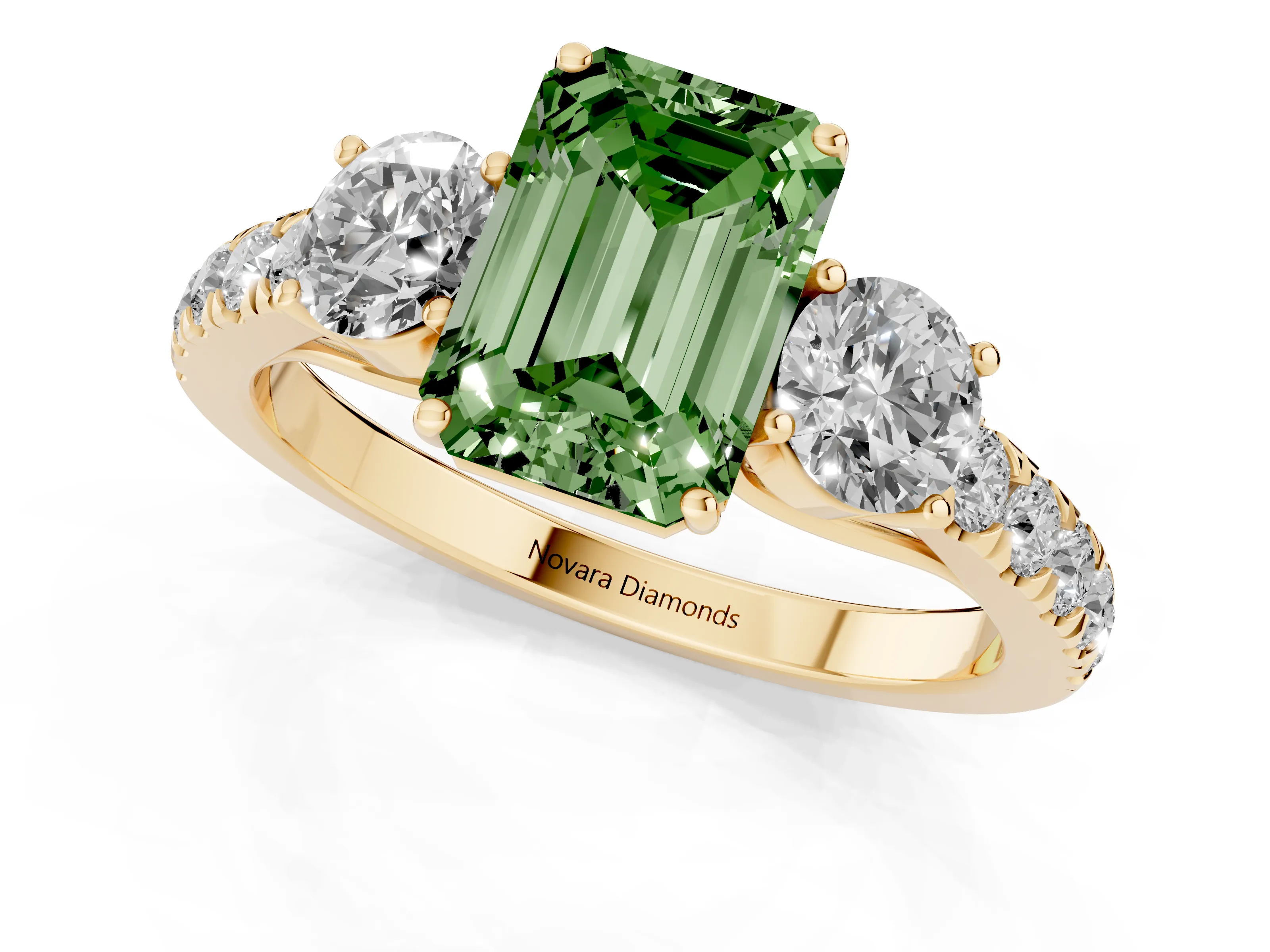 Fancy Green Emerald Cut Diamond Three-Stone Ring Set in Yellow gold with Round Side Stones and Delicate Pavé Band