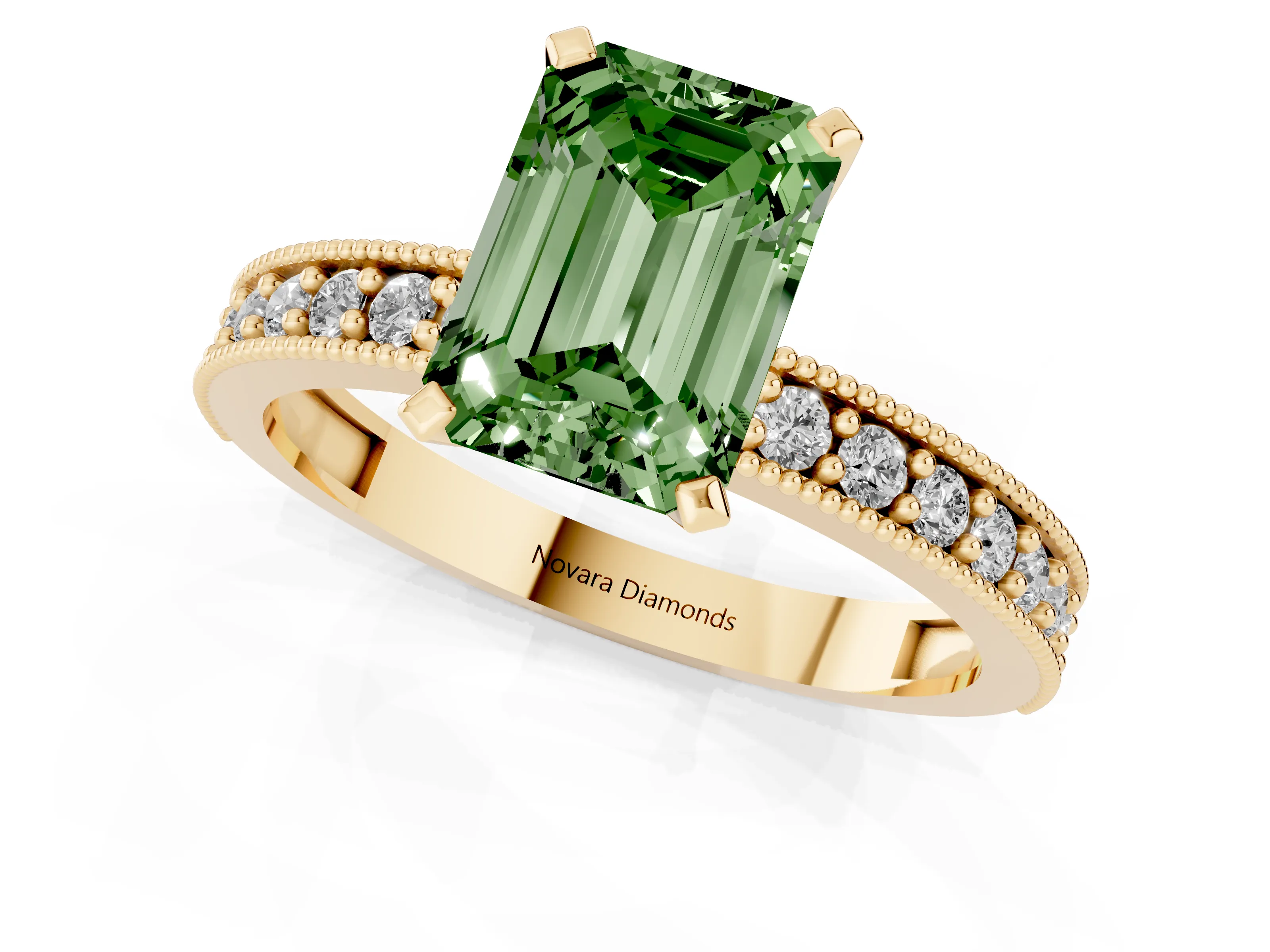 Fancy Green Emerald Cut Diamond Milgrain Pavé Engagement Ring Set in Yellow gold with Prong Setting
