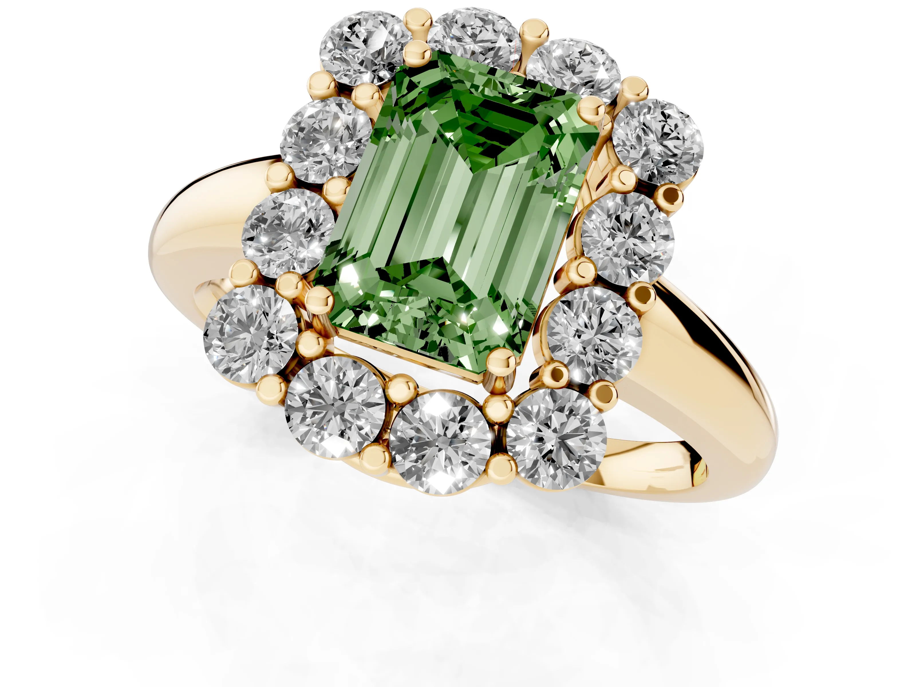 Fancy Green Emerald Cut Diamond Halo Cluster Engagement Ring Set in Yellow gold with Polished Band and Prong Setting