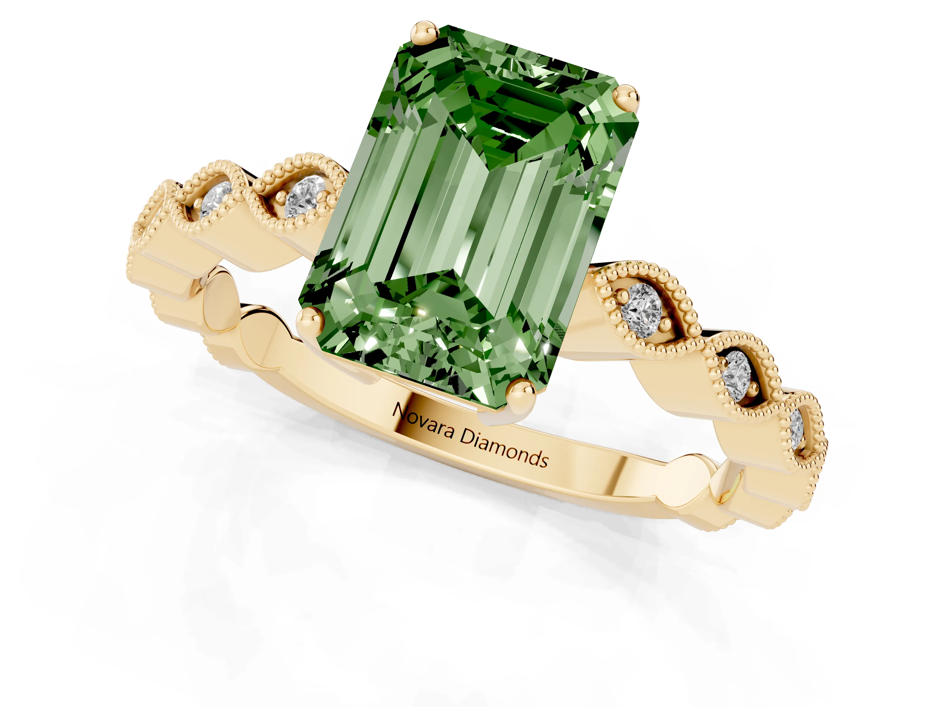 Fancy Green Emerald Cut Diamond Solitaire Ring Set in Yellow gold with Infinity Twist Pavé Band