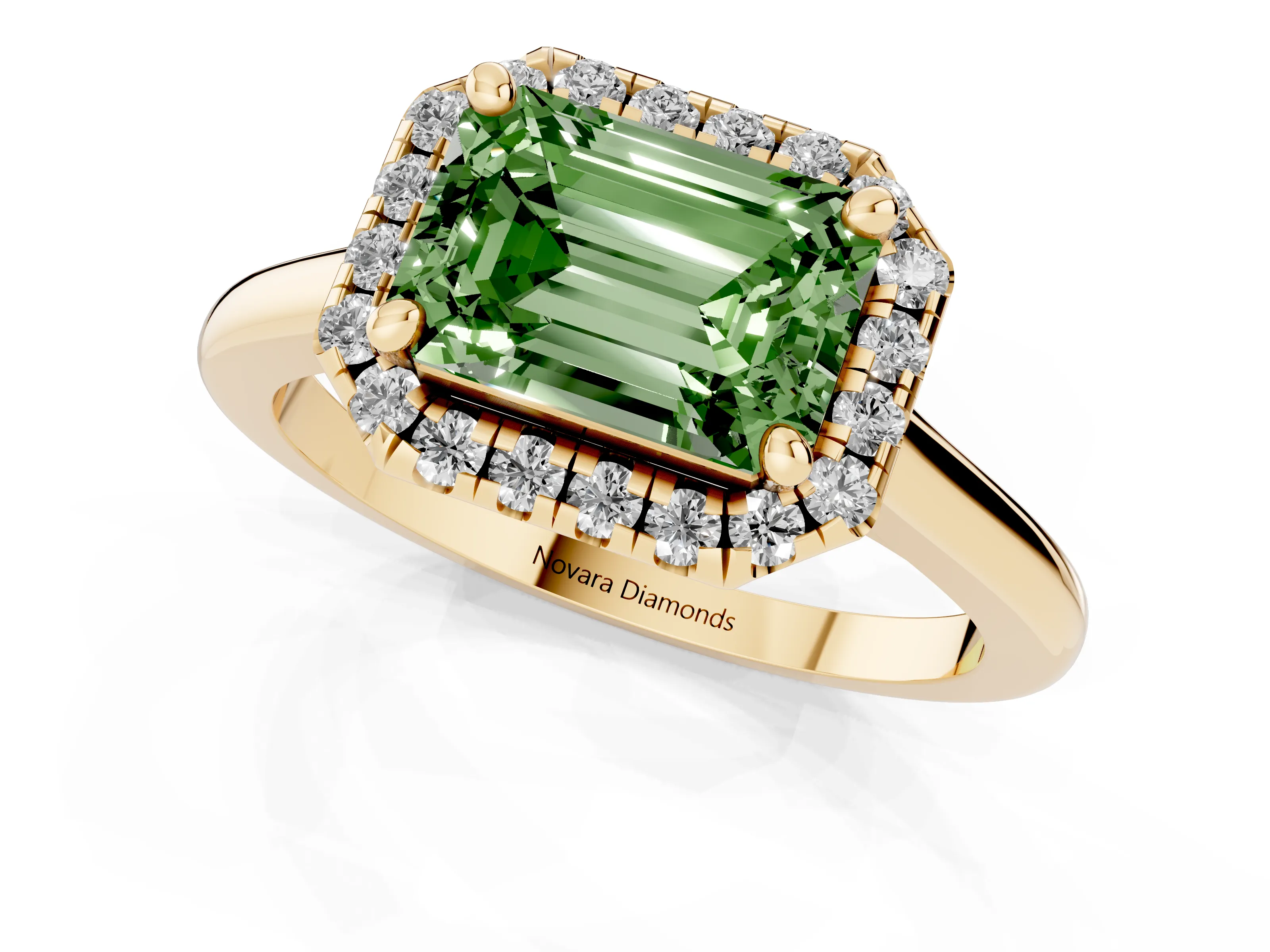 Fancy Green Emerald Cut Diamond Halo Engagement Ring Set in Yellow gold with Pavé Band and Rising Shoulders