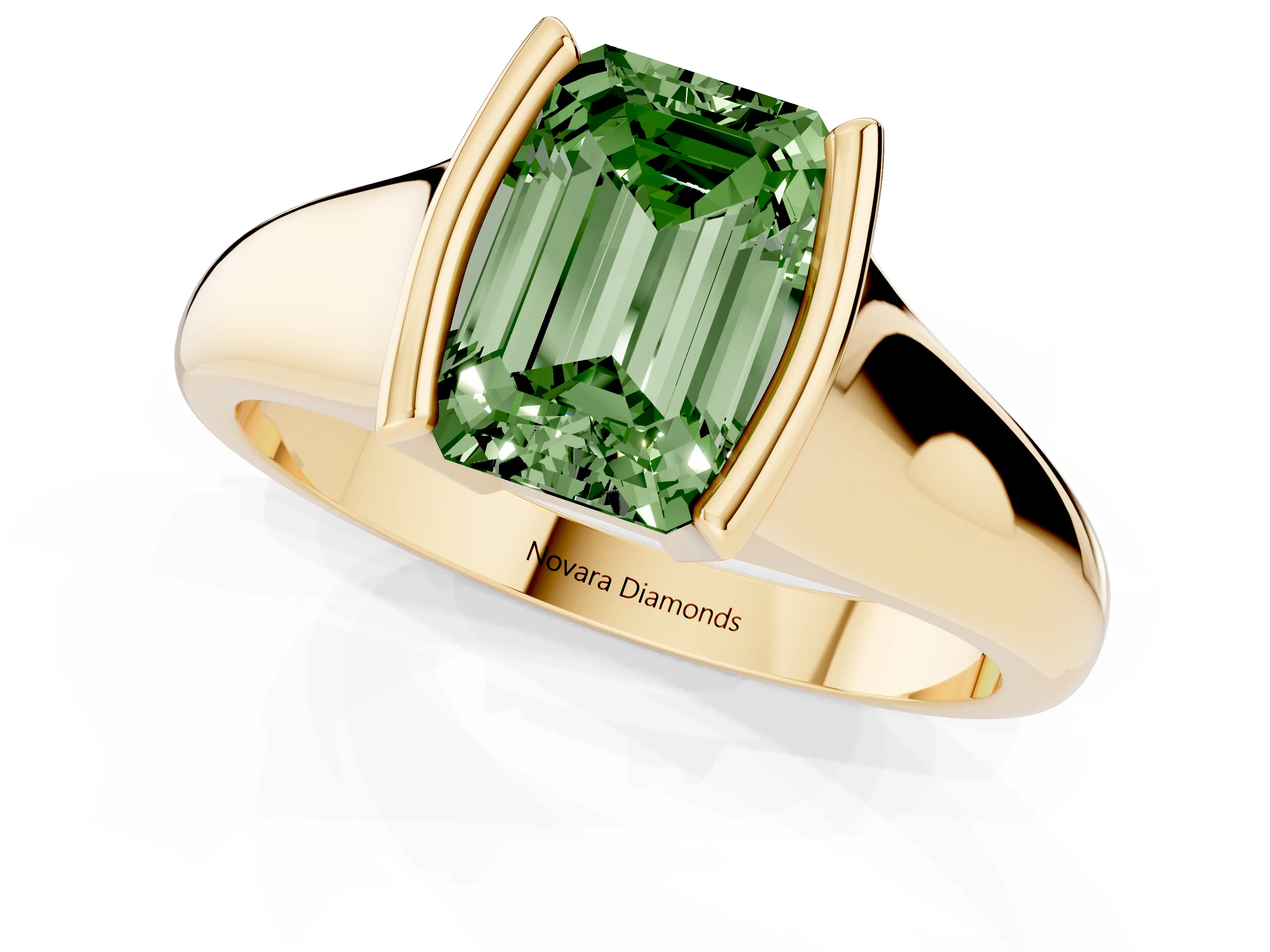 Fancy Green Emerald Cut Diamond Solitaire Tension Set Ring Set in Yellow gold with Split Shank Band