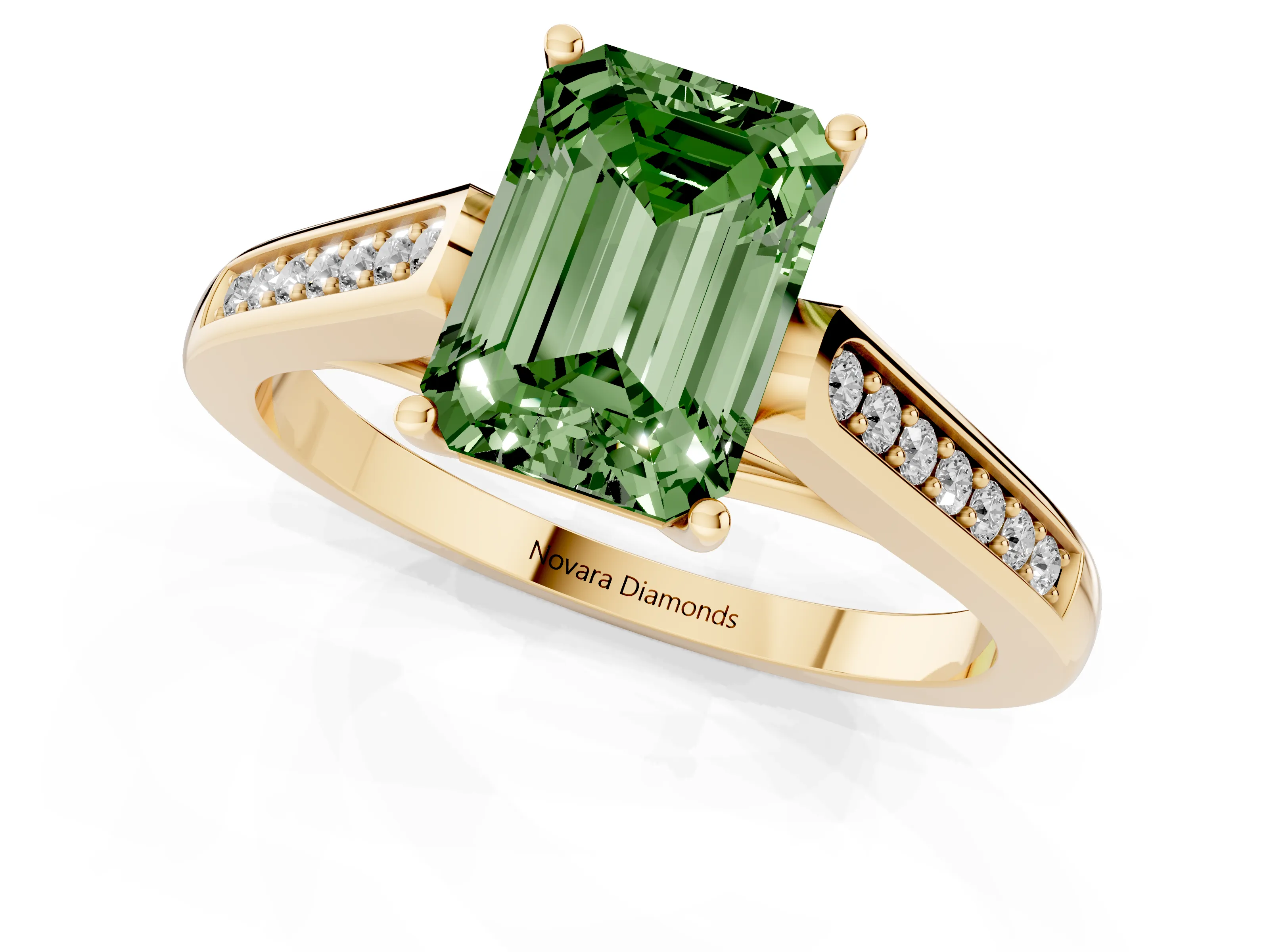 Fancy Green Emerald Cut Diamond Solitaire Cathedral Engagement Ring Set in Yellow gold with Channel-Set Band and Prong Setting