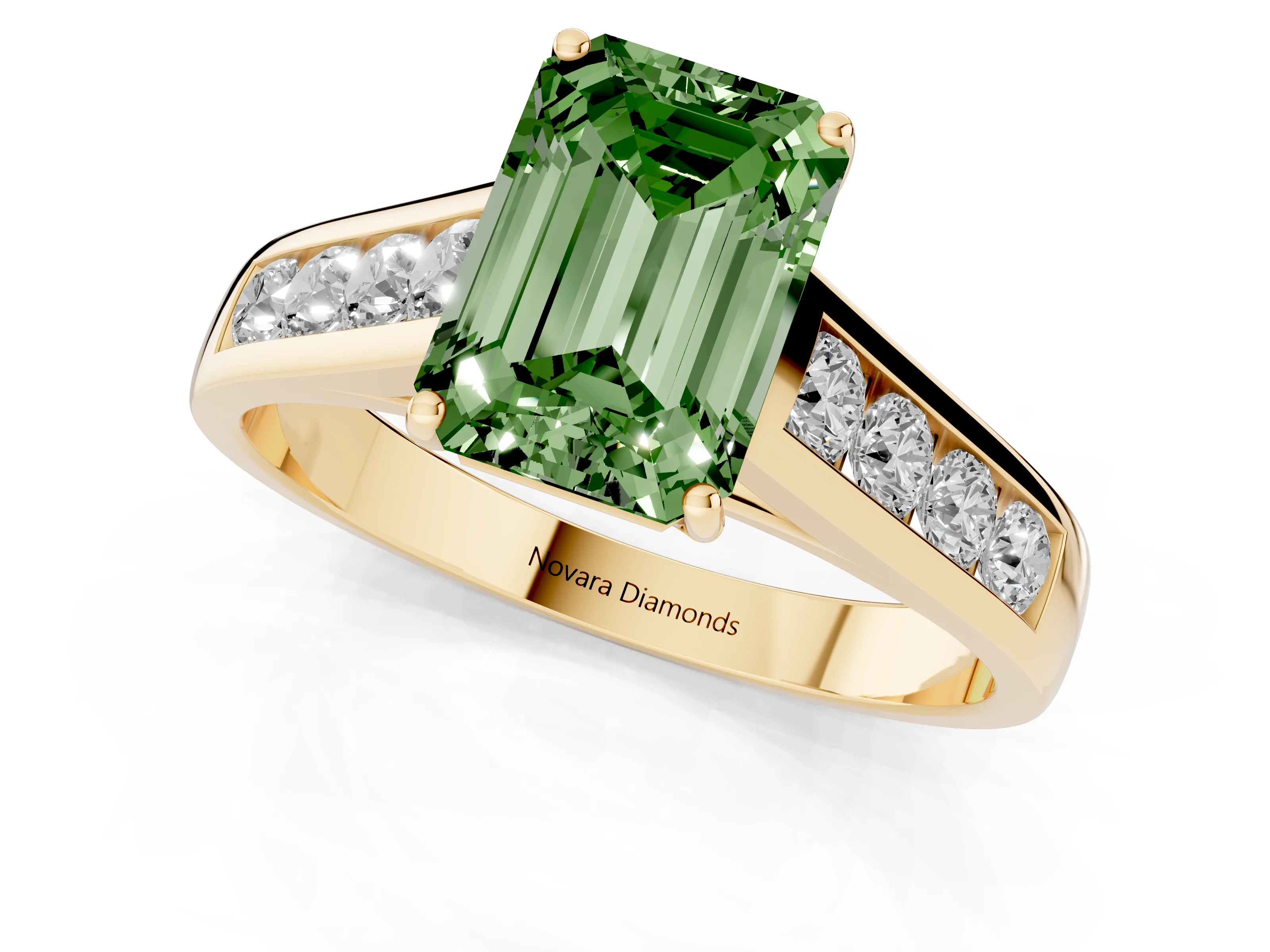 Fancy Green Emerald Cut Diamond Solitaire Channel-Set Engagement Ring Set in Yellow gold with Prong Setting