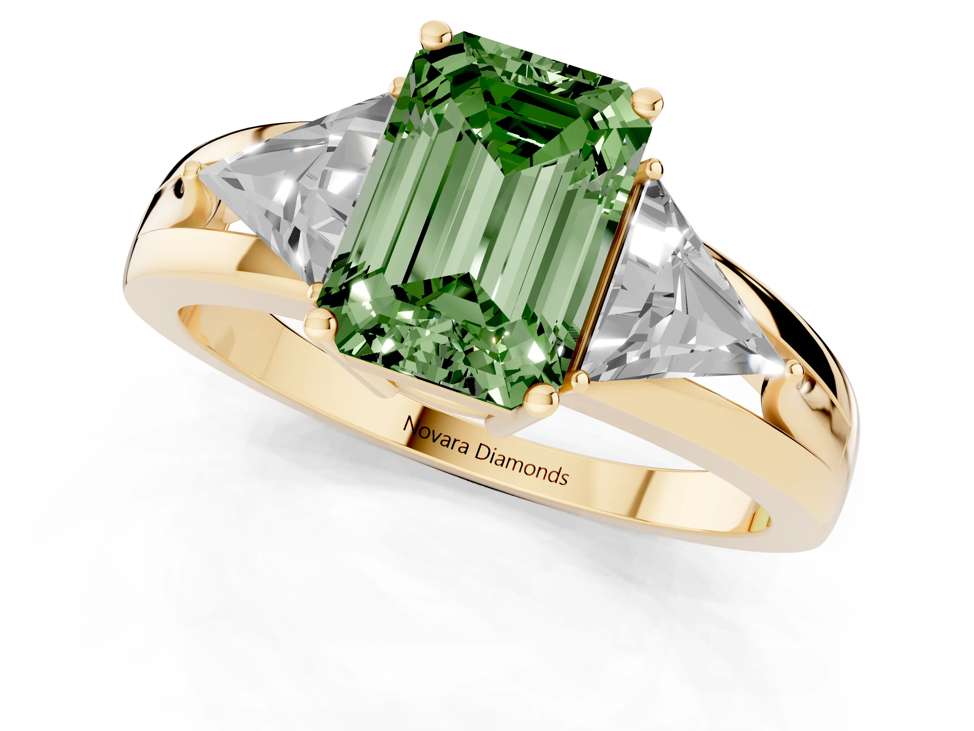 Fancy Green Emerald Cut Diamond Three-Stone Ring Set in Yellow gold with Trillion Side Stones and Split Shank