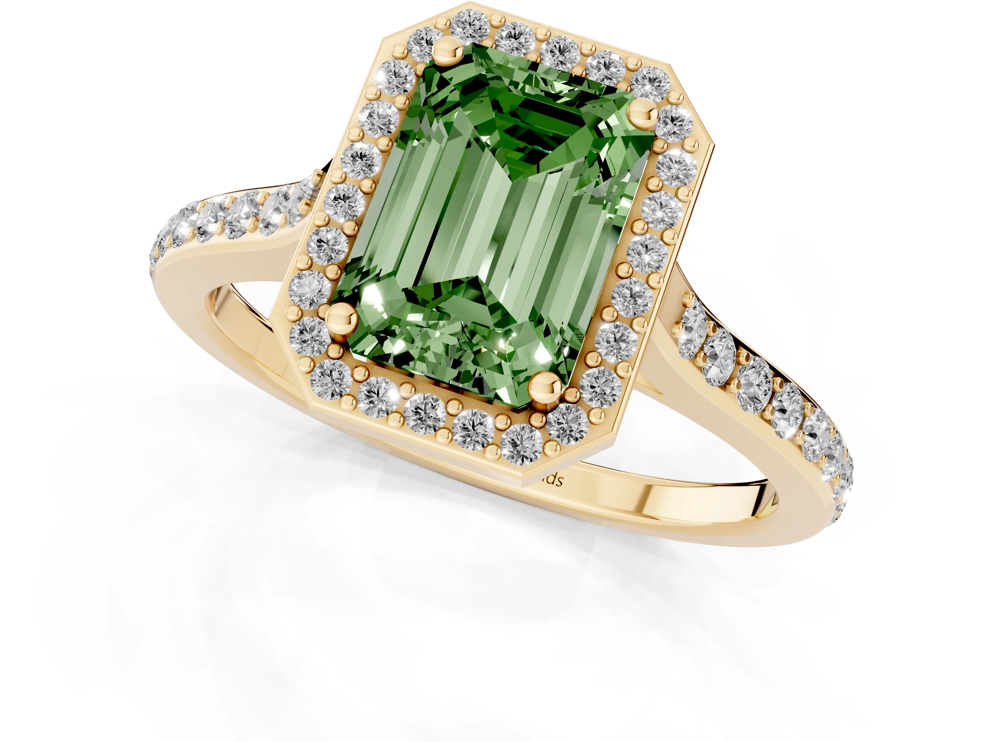 Fancy Green Emerald Cut Diamond Halo Engagement Ring Set in Yellow gold with Round Pavé Shoulders and Heart Gallery
