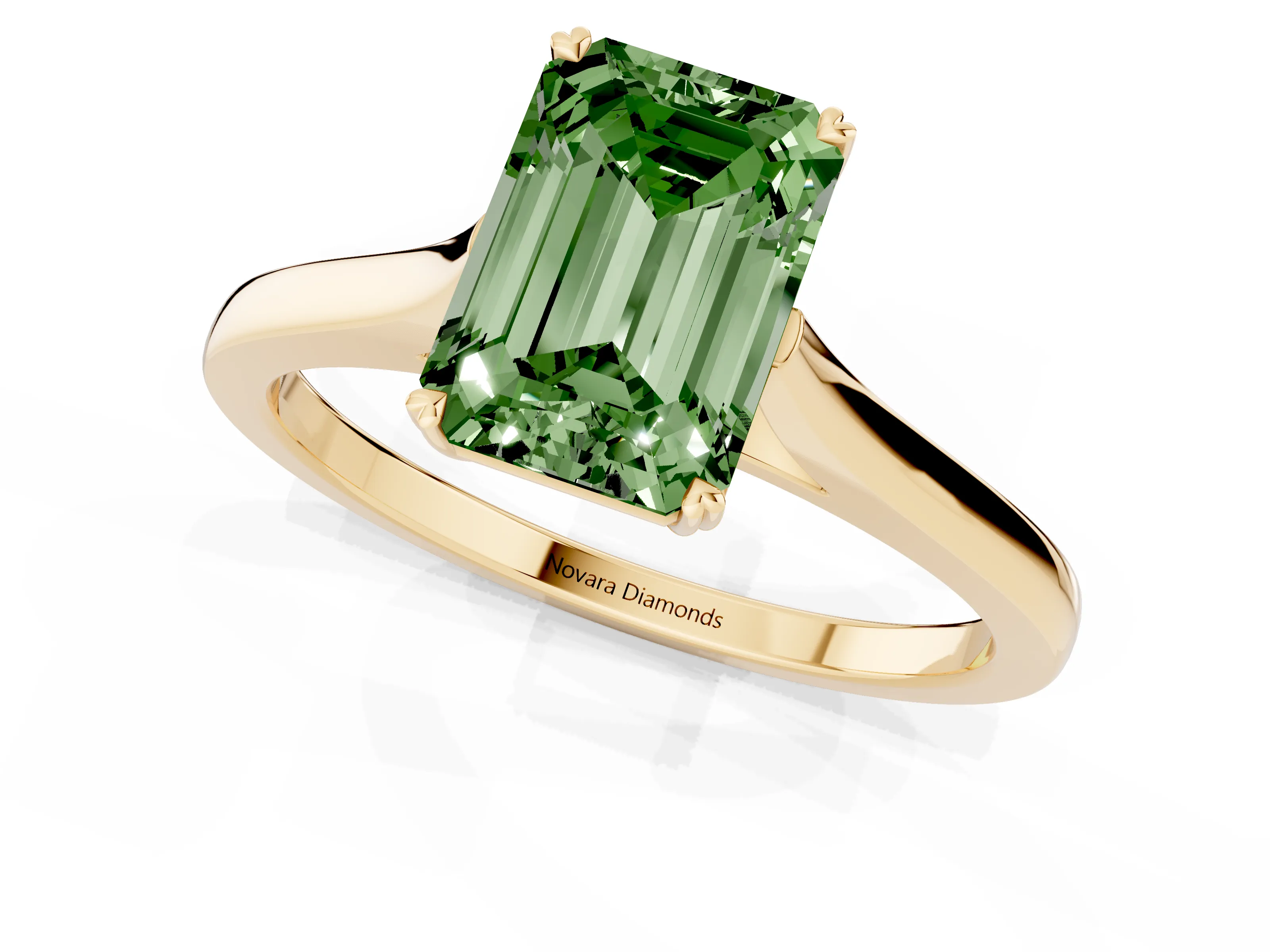 Fancy Green Emerald Cut Diamond Solitaire Heart Prong Engagement Ring Set in Yellow gold with Tapered Band