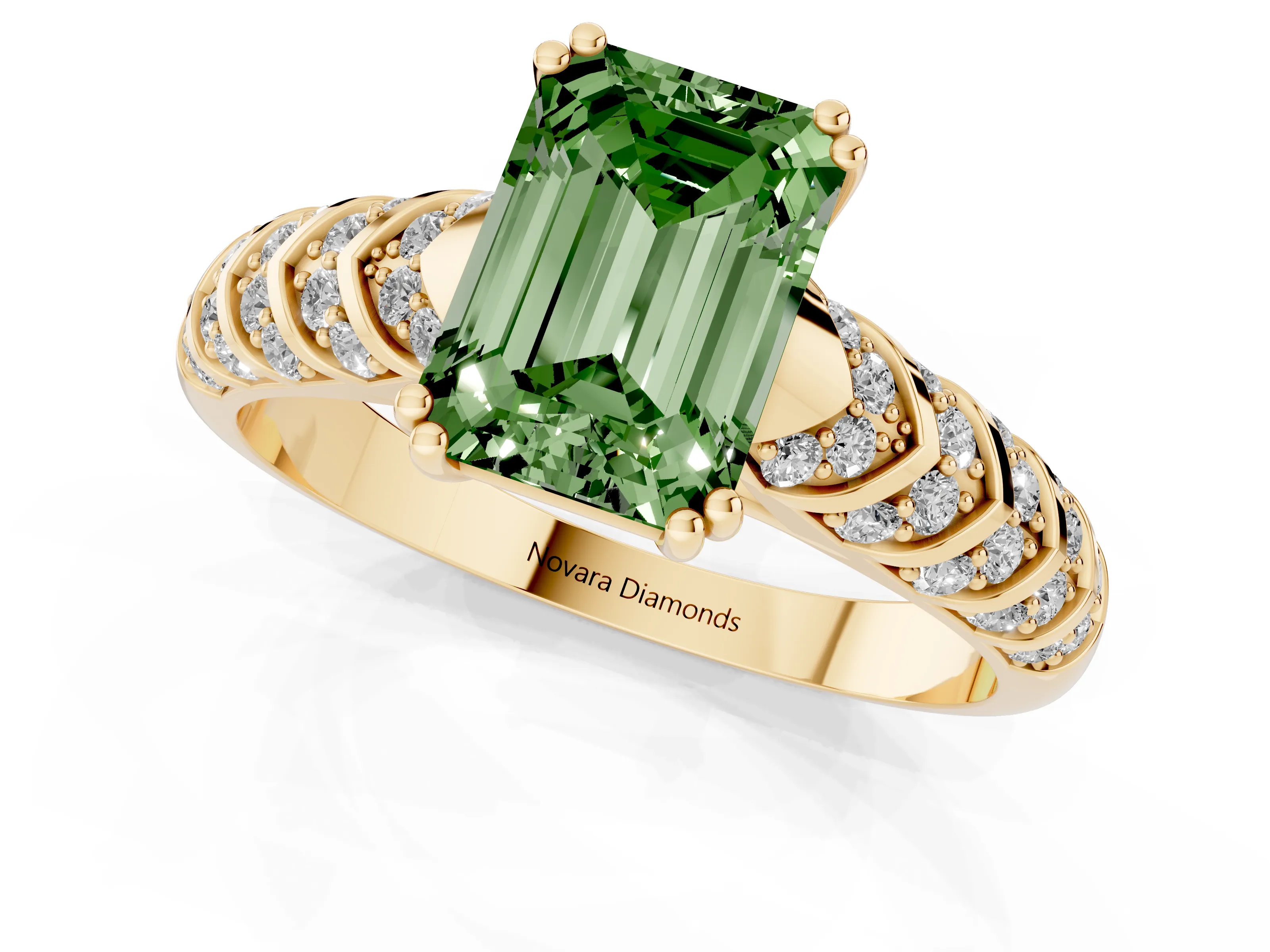 Fancy Green Emerald Cut Diamond Solitaire Chevron Pavé Engagement Ring Set in Yellow gold with Prong Setting