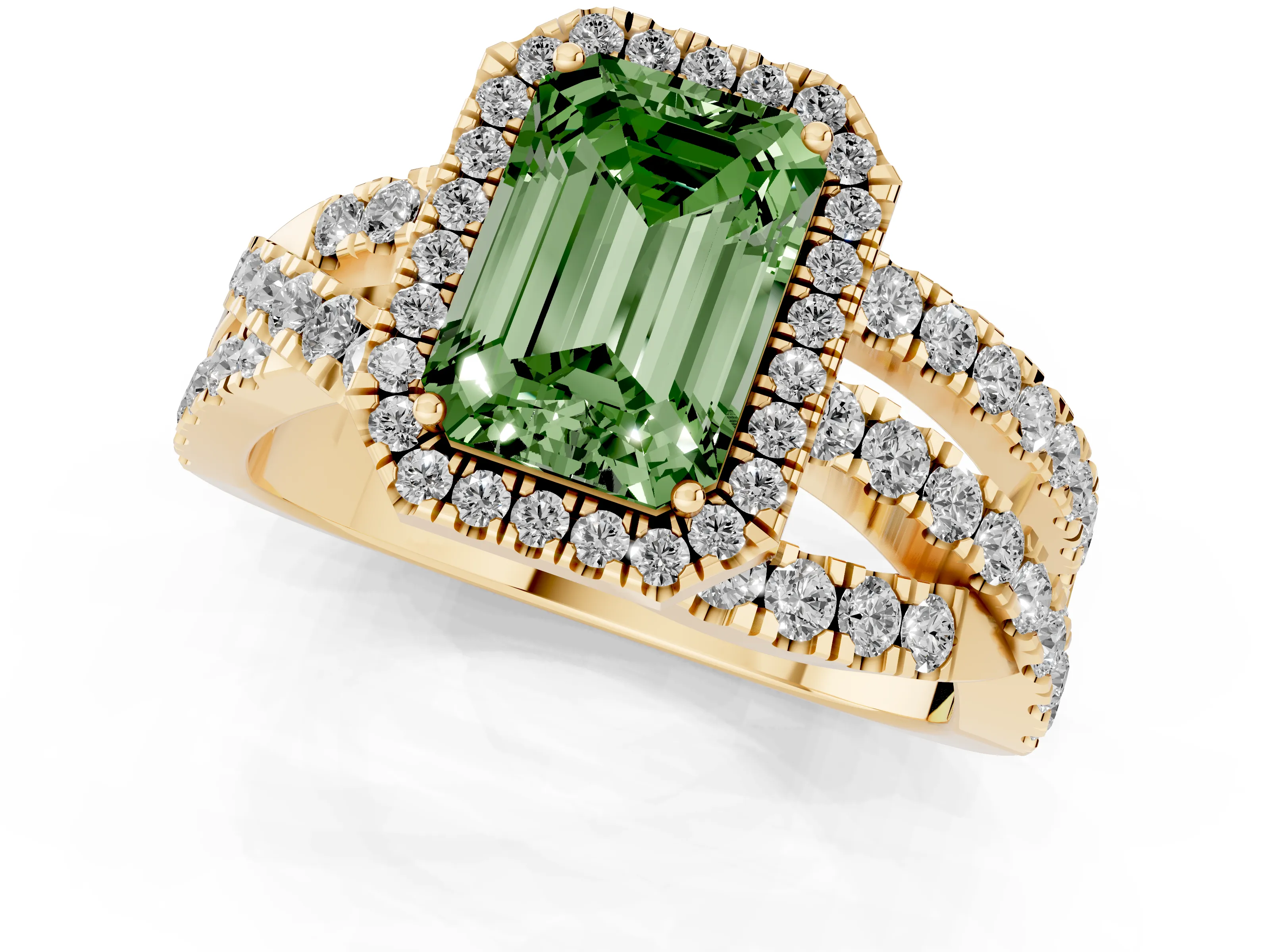 Fancy Green Emerald Cut Diamond Halo Ring Set in Yellow gold with Round Crossover Split Shank and Prong Setting
