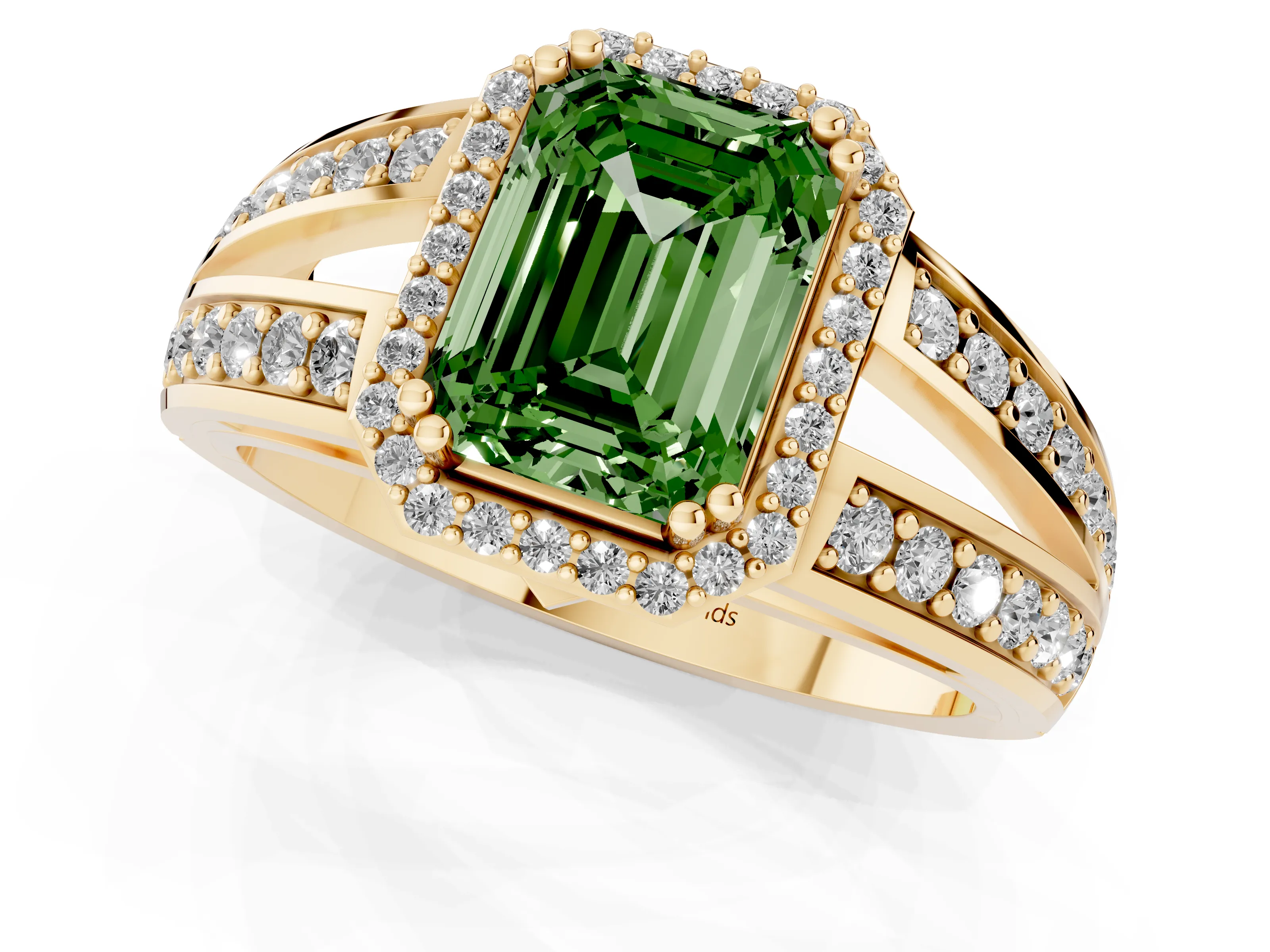 Fancy Green Emerald Cut Diamond Halo Ring Set in Yellow gold with Double Pavé Split Shank