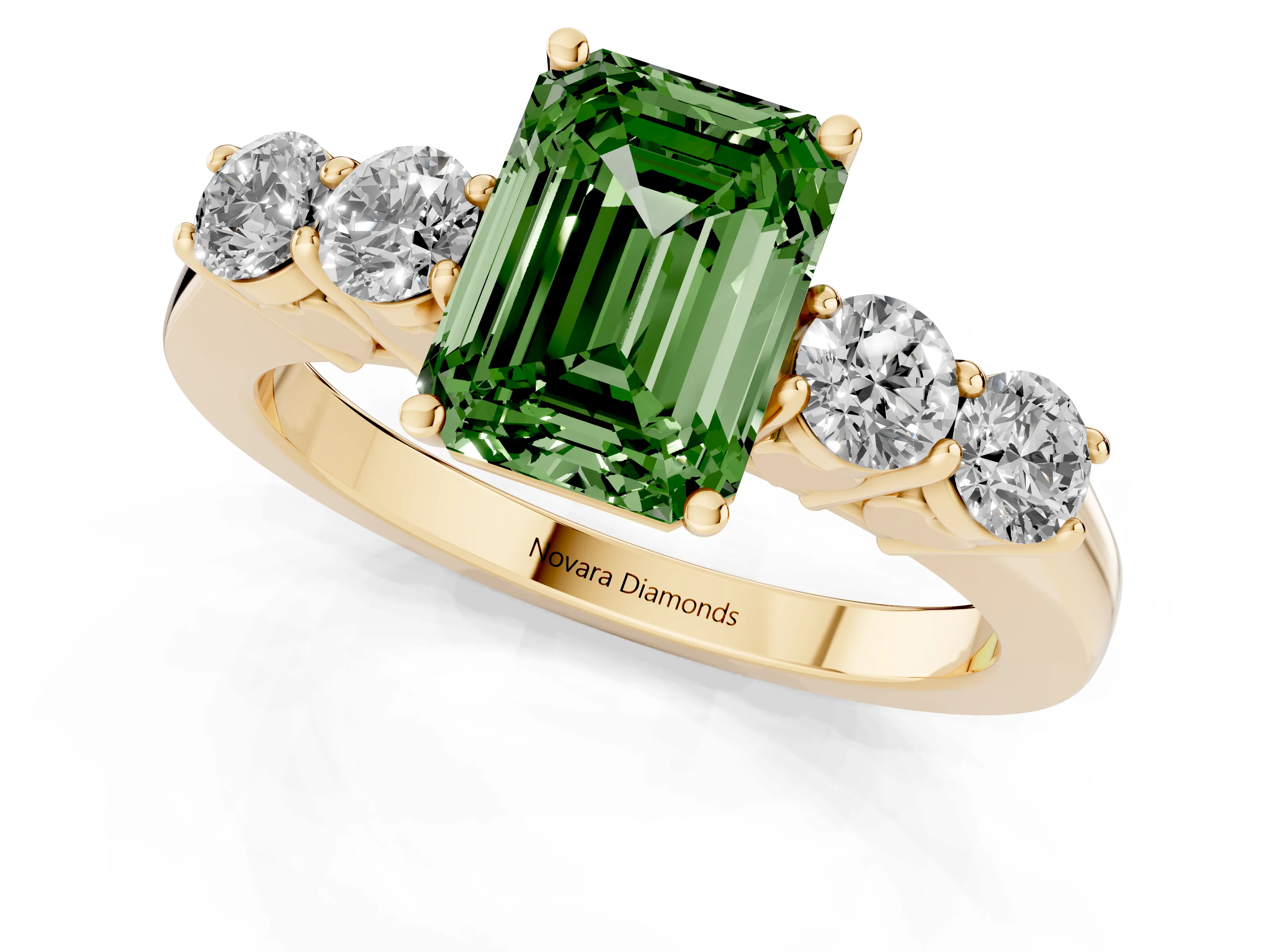 Fancy Green Emerald Cut Diamond Five-Stone Prong Set Band Ring Set in Yellow gold with Polished Band