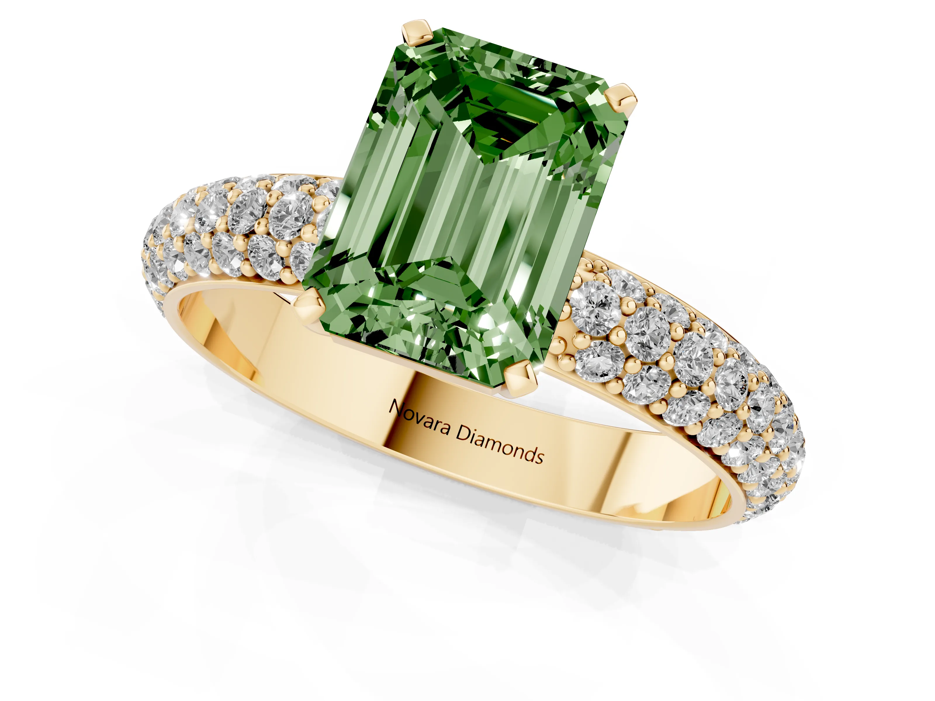 Fancy Green Emerald Cut Diamond Solitaire Ring Set in Yellow gold with Prong Setting and Pavé-Set Band