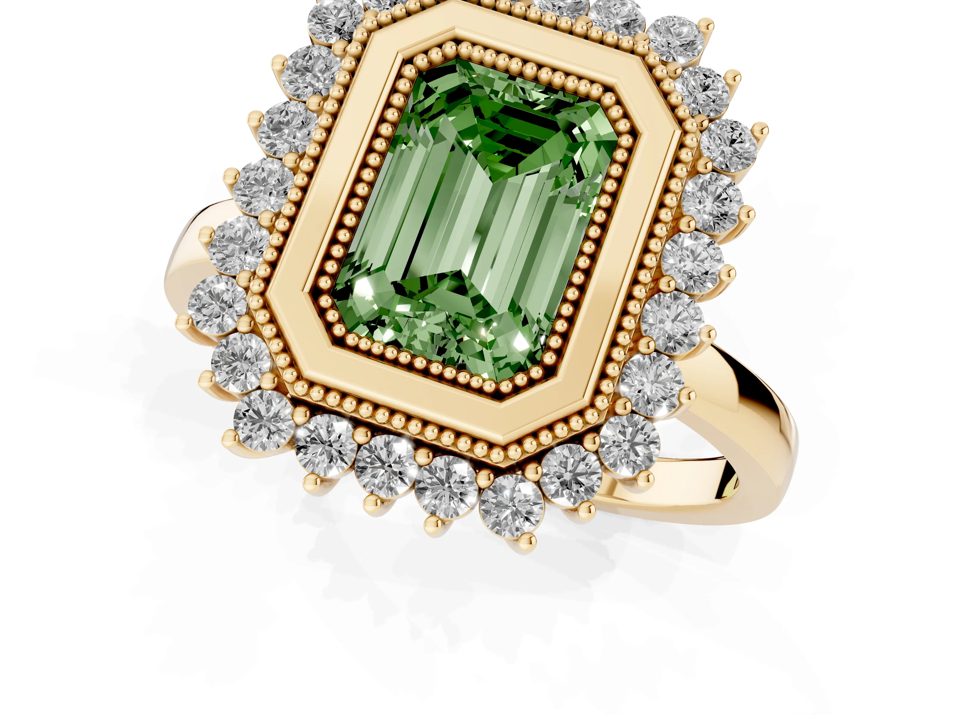 Fancy Green Emerald Cut Diamond Halo Ring Set in Yellow gold with Milgrain Edge and Round Prong Setting